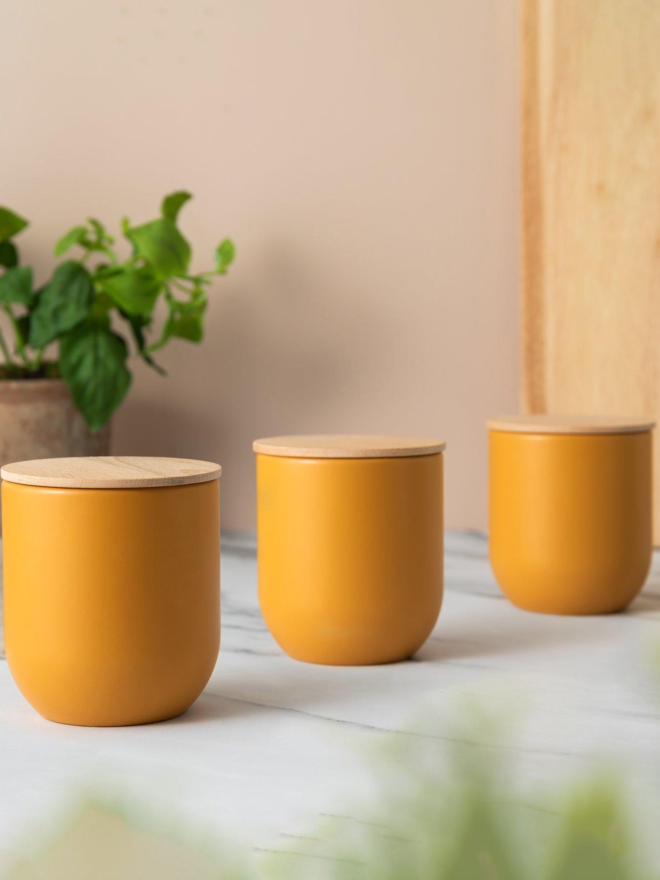 KitchenCraft Idilica Set of 3 Yellow Storage Jars with Beechwood Lids