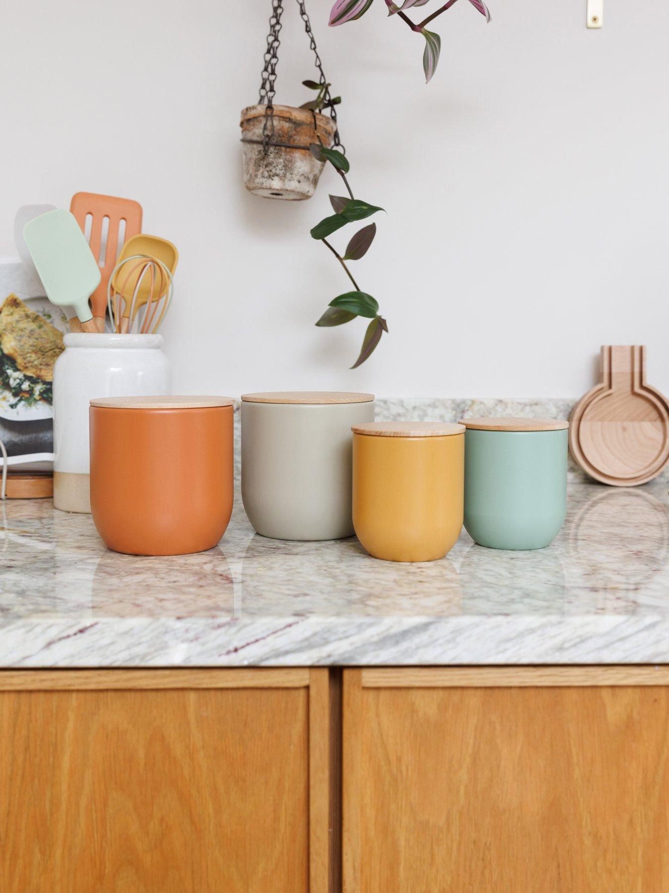 Image 6 of 7 of KitchenCraft Idilica Set of 3 Yellow Storage Jars with Beechwood Lids