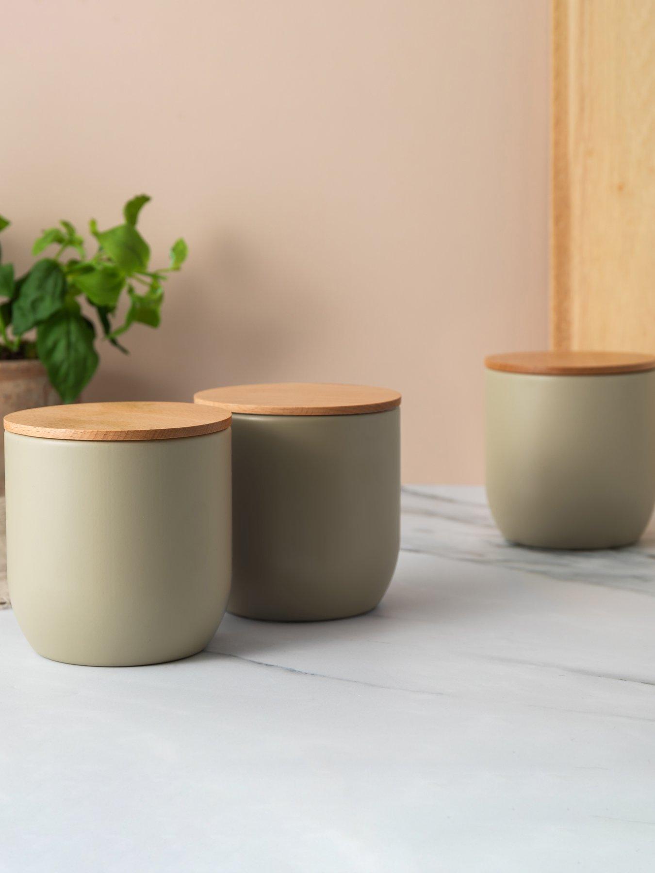 undefined Idilica Set Of 3 Grey Kitchen Canisters With Beechwood Lid