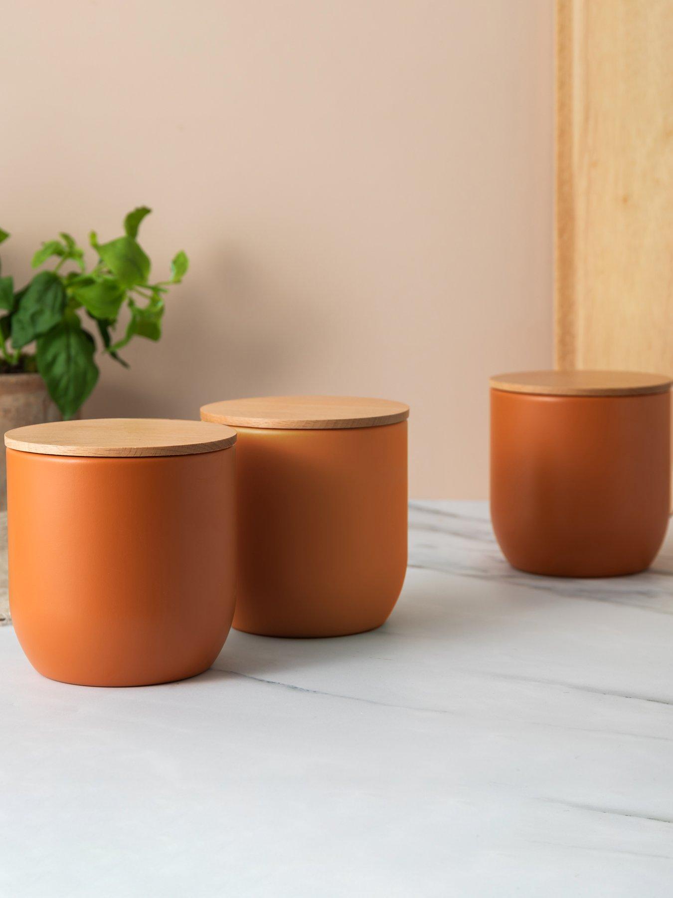 KitchenCraft Idilica Set of 3 Orange Storage Jars with Beechwood Lids