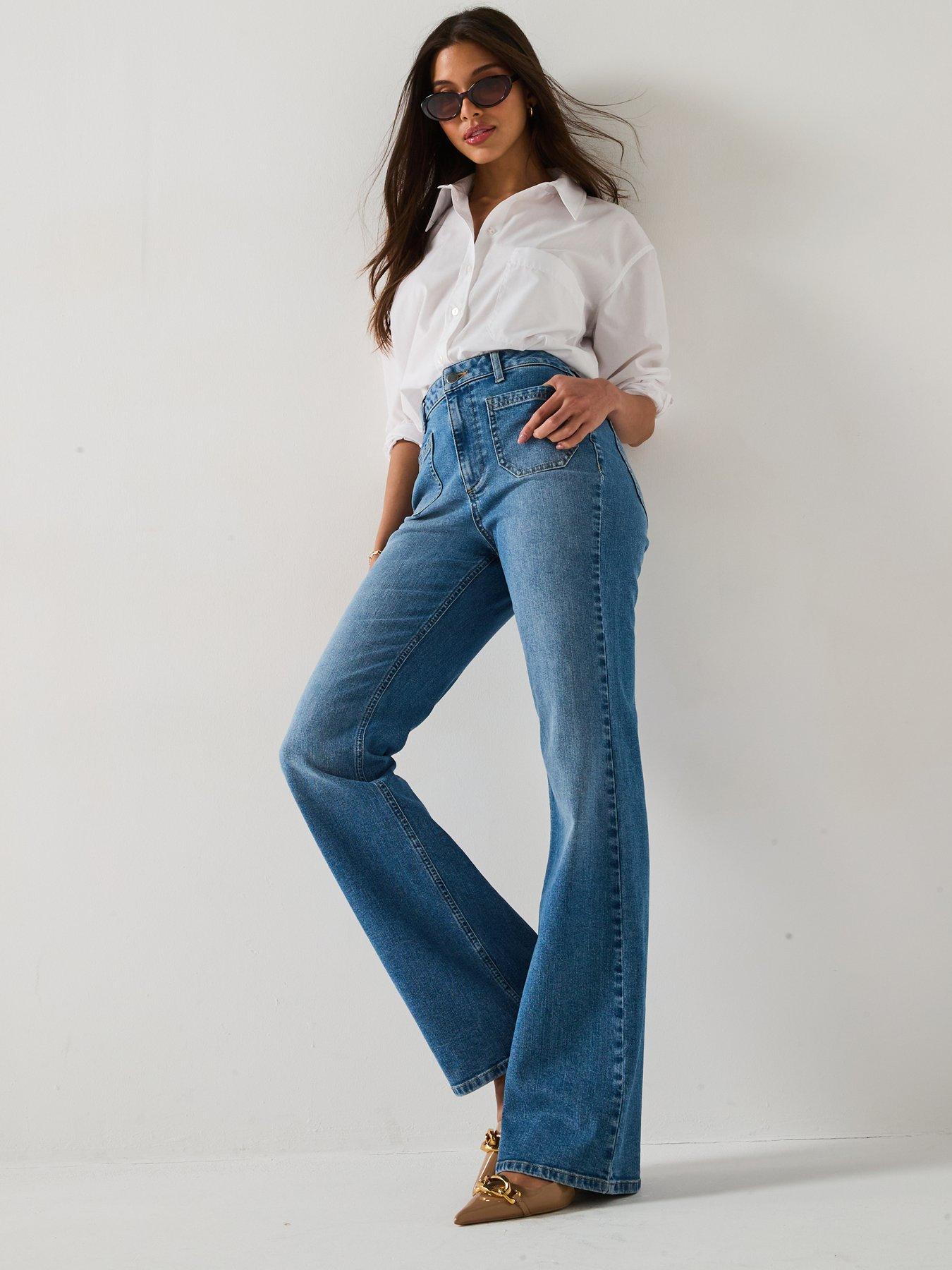 Image 6 of 6 of V by Very Flare Jeans With Front Patch Pockets - Mid Wash