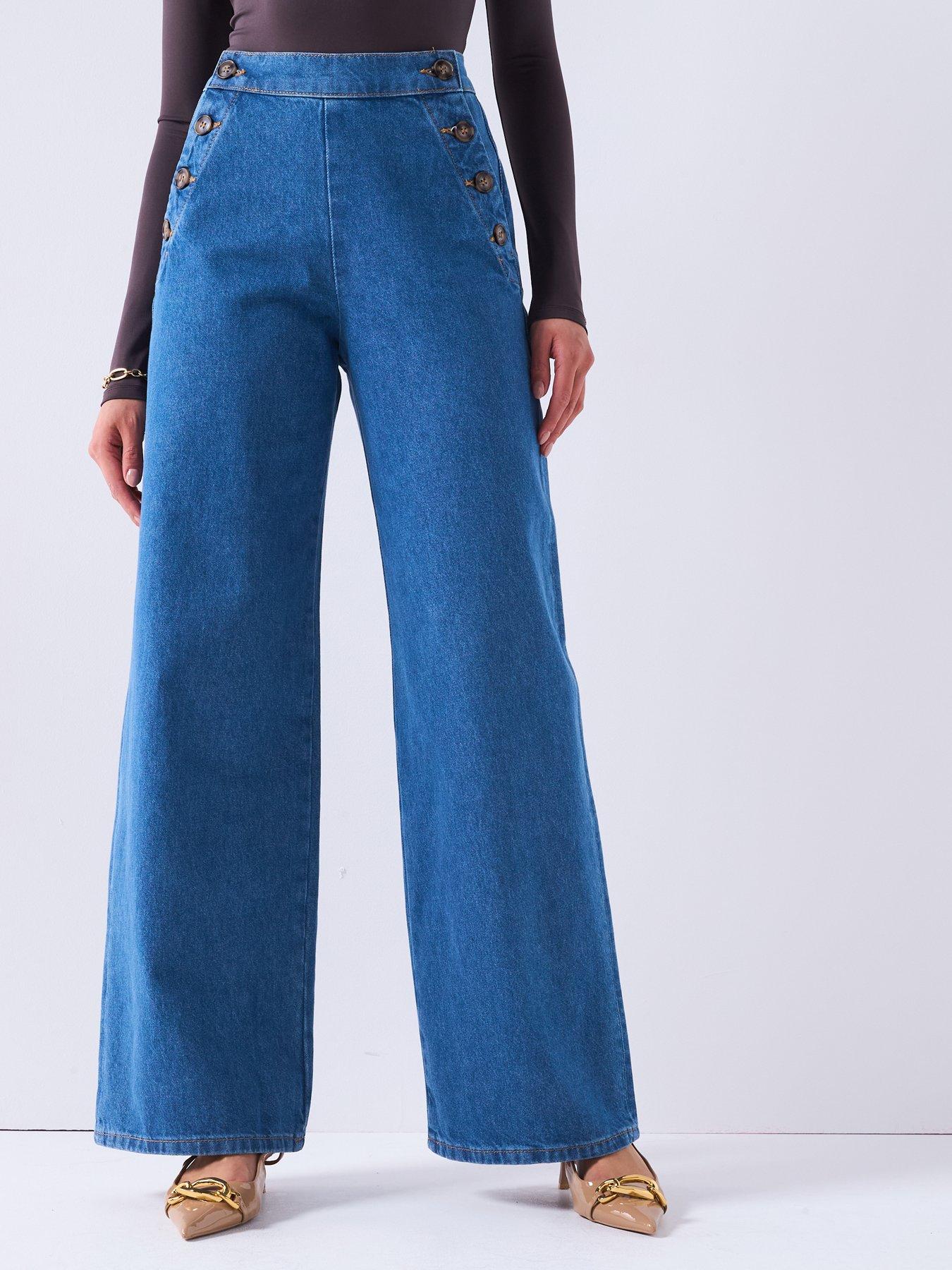 undefined Button Fastening Wide Leg Jeans - Mid Wash