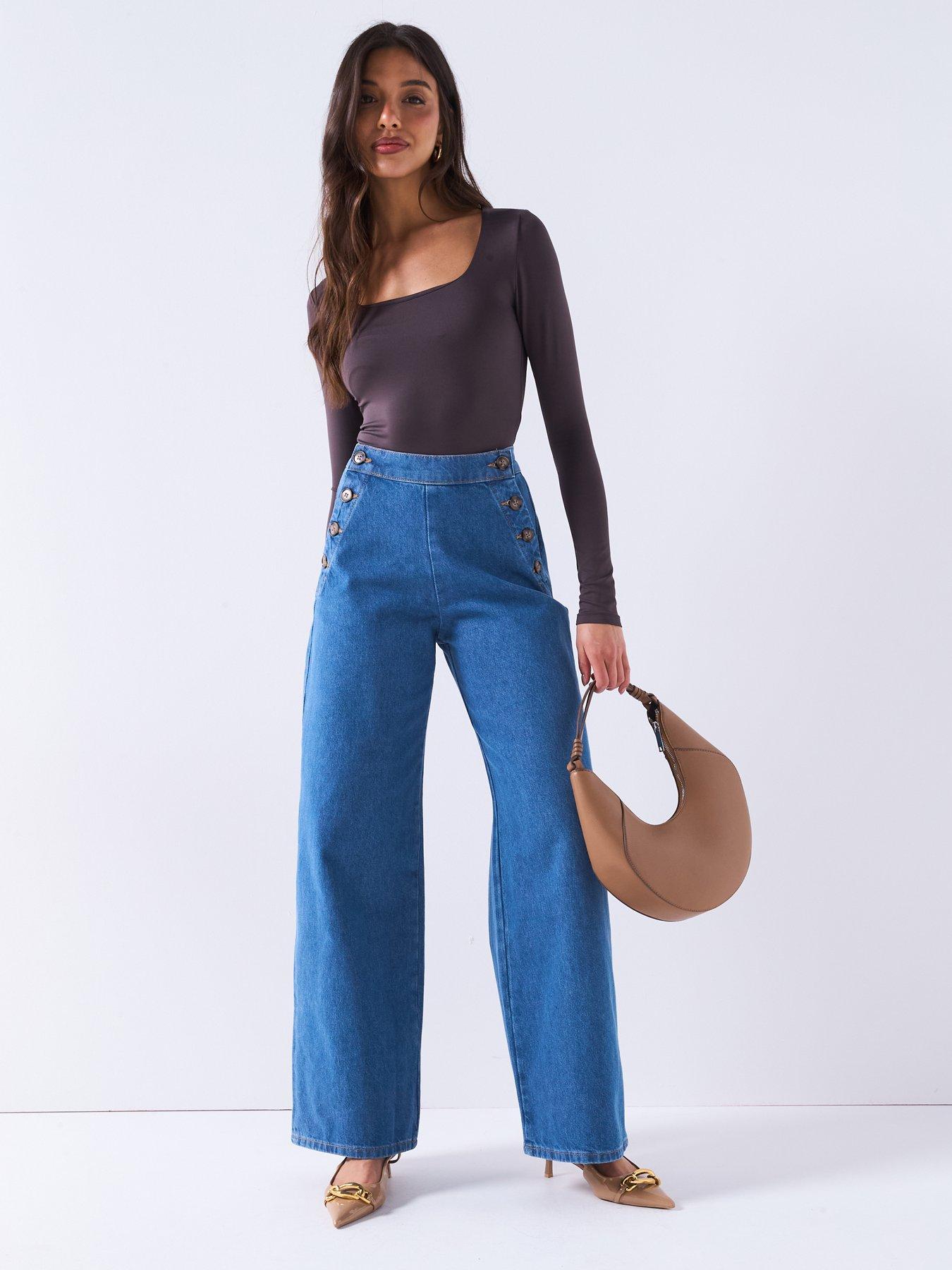 Image 3 of 6 of V by Very Button Fastening Wide Leg Jeans - Mid Wash