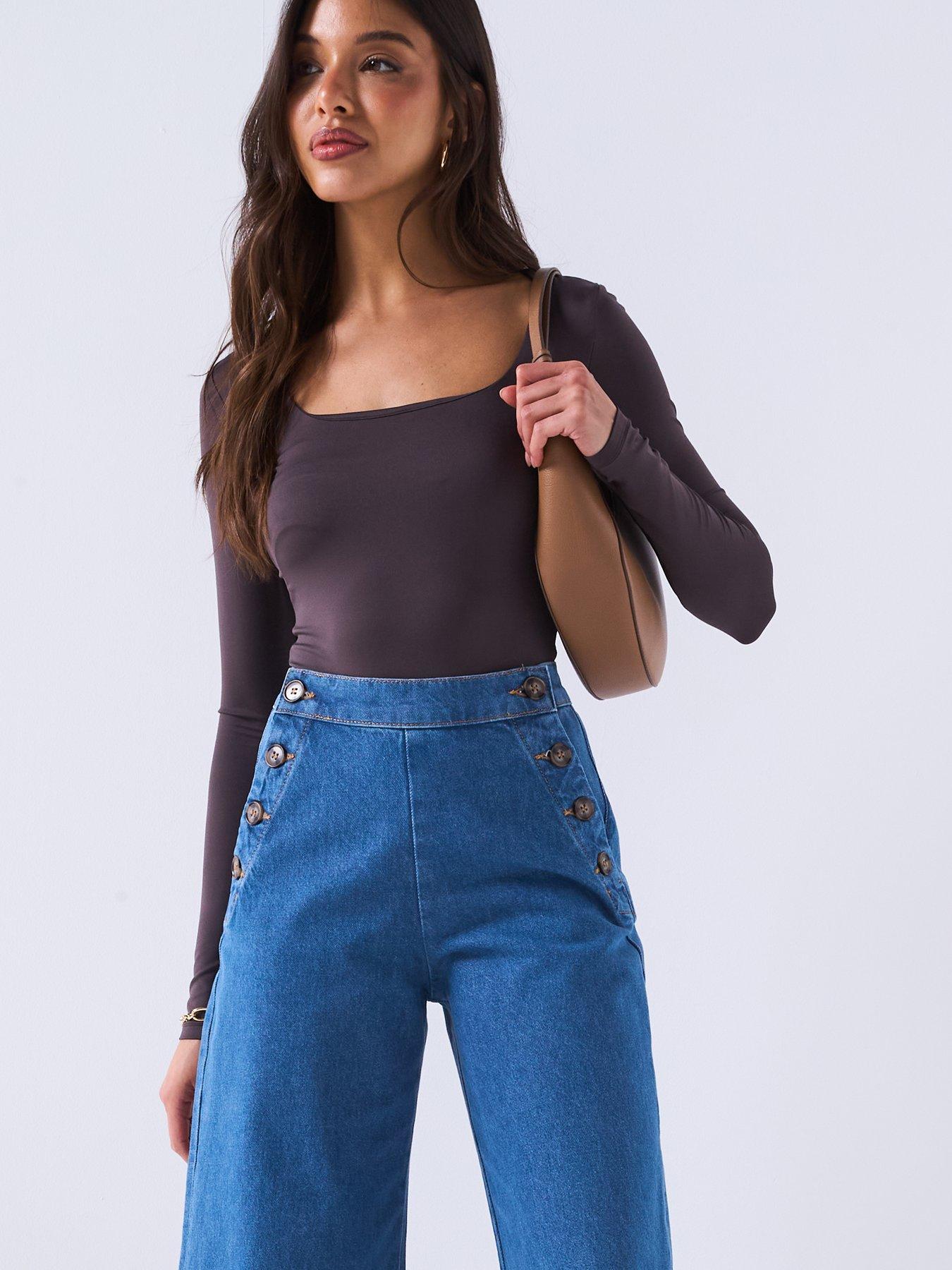 Image 5 of 6 of V by Very Button Fastening Wide Leg Jeans - Mid Wash
