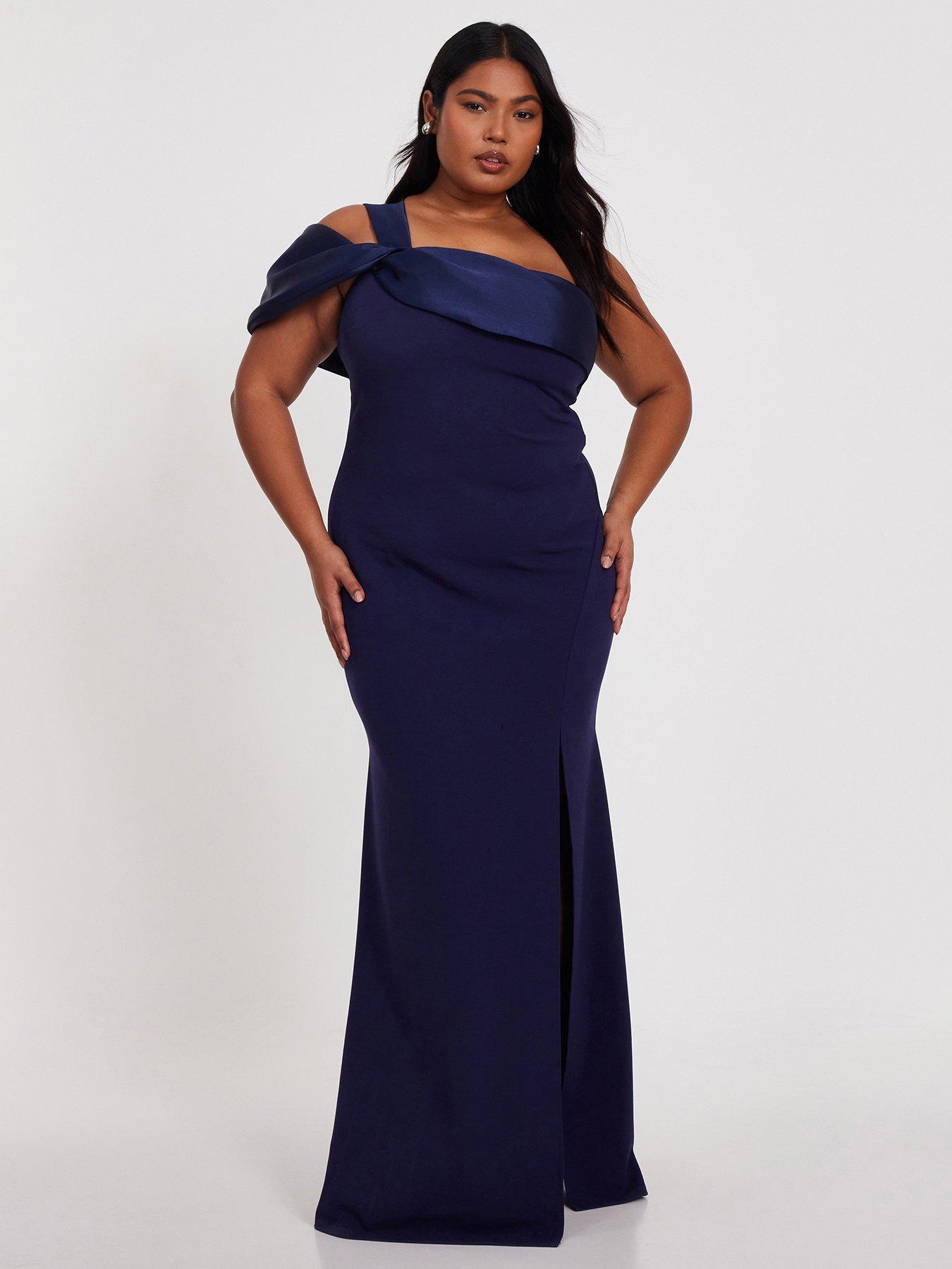 Image 1 of 6 of Quiz Curve Navy One Shoulder Maxi Dress