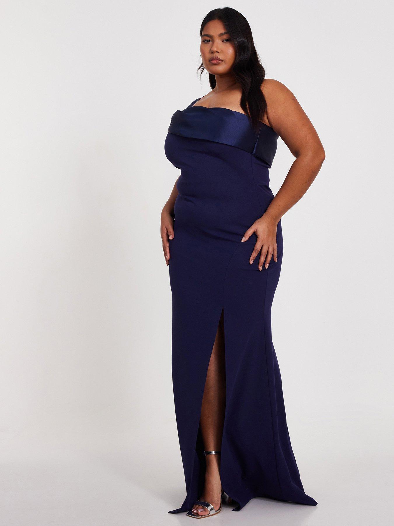 Image 3 of 6 of Quiz Curve Navy One Shoulder Maxi Dress
