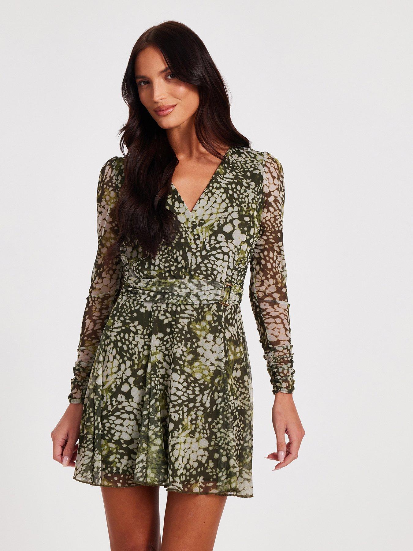 undefined Khaki Mesh Animal Print Mini Dress