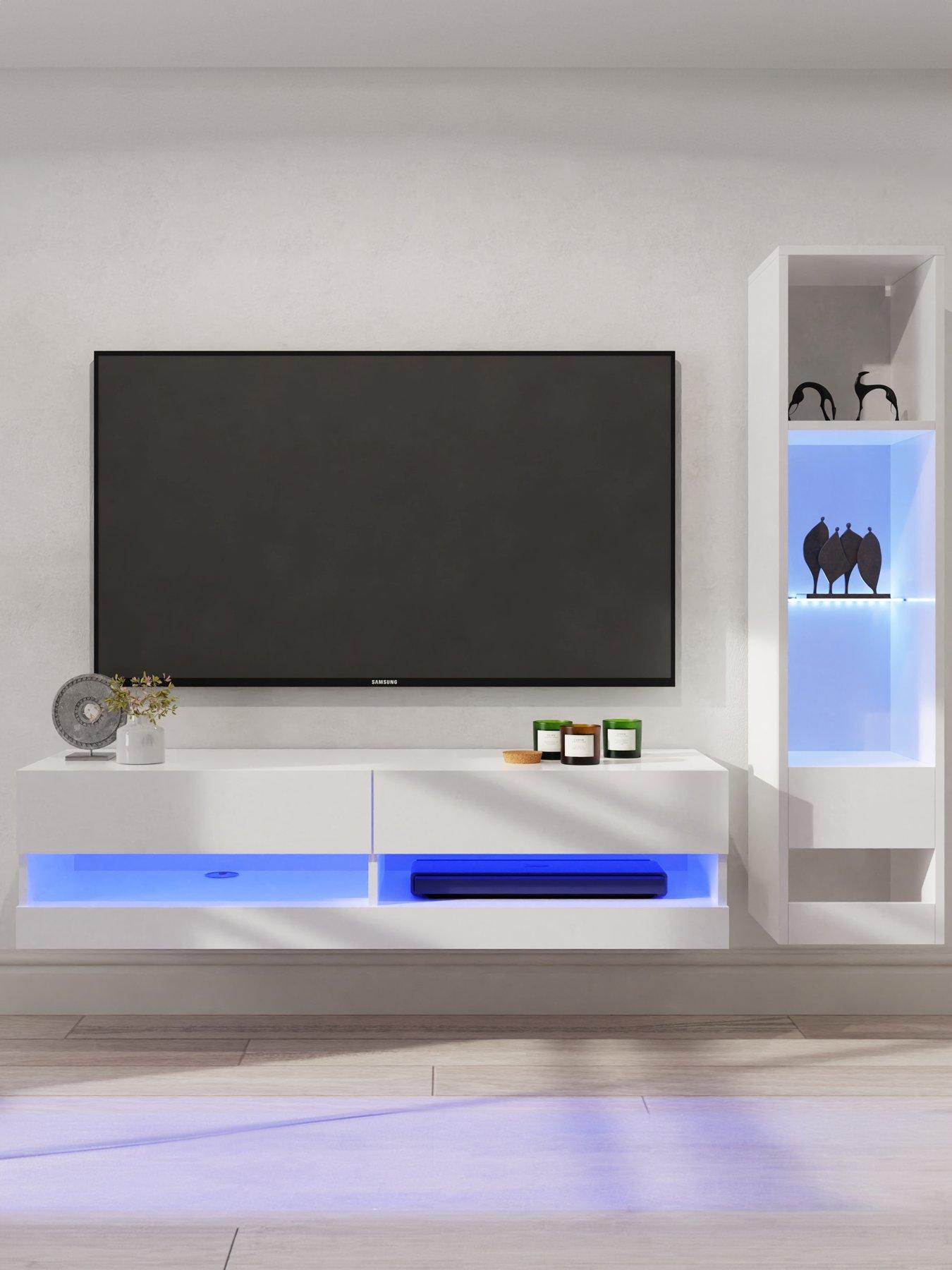 GFW Galicia 120 cm TV Unit + Shelf Unit with LED Lights - fits up to 55 inch TV - White