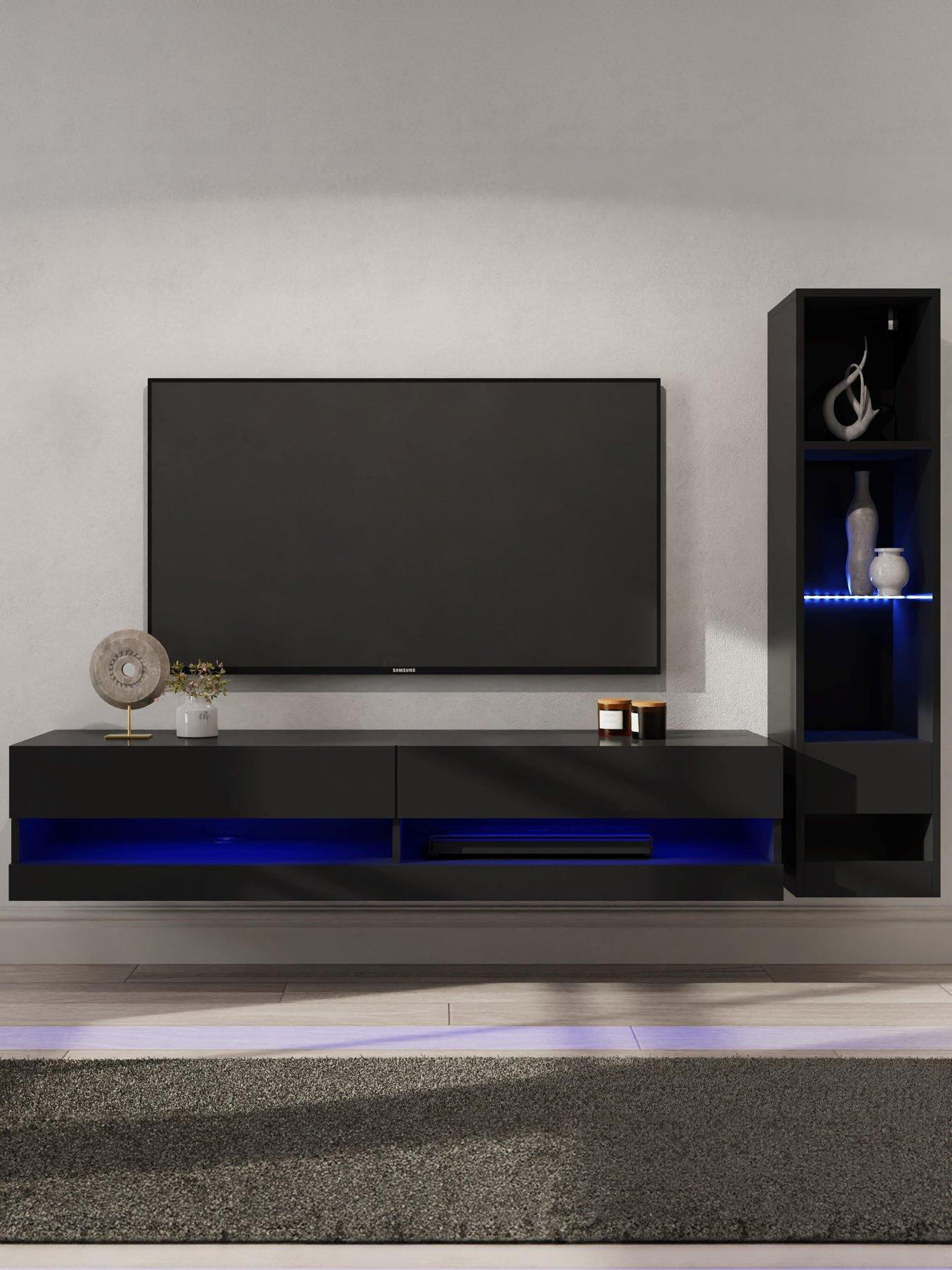 undefined Galicia 150 cm TV Unit + Shelf Unit with LED Lights - fits up to 65 inch TV - Black