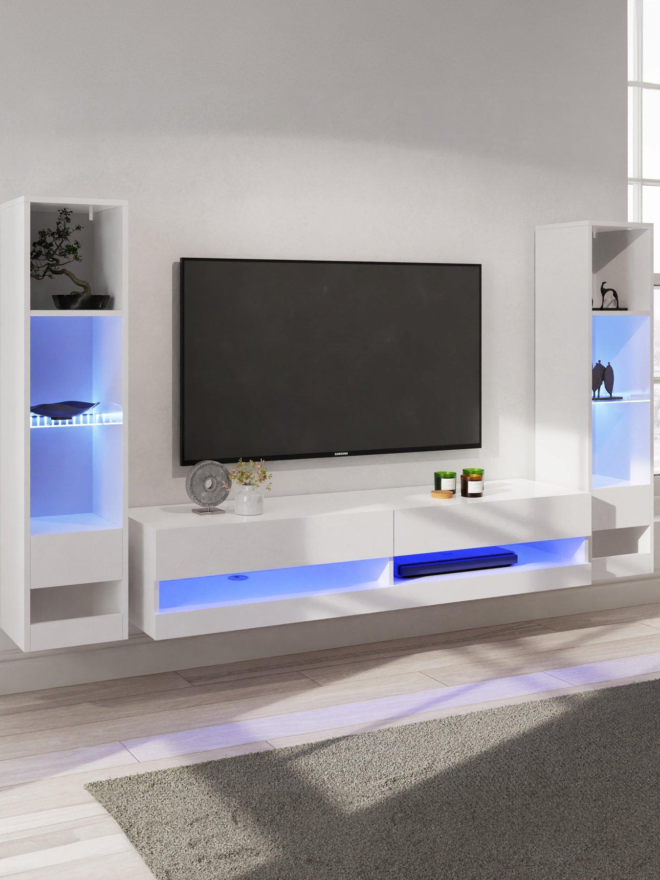 undefined Galicia 150 cm TV Unit + 2 Shelf Units with LED Lights - fits up to 65 inch TV - White