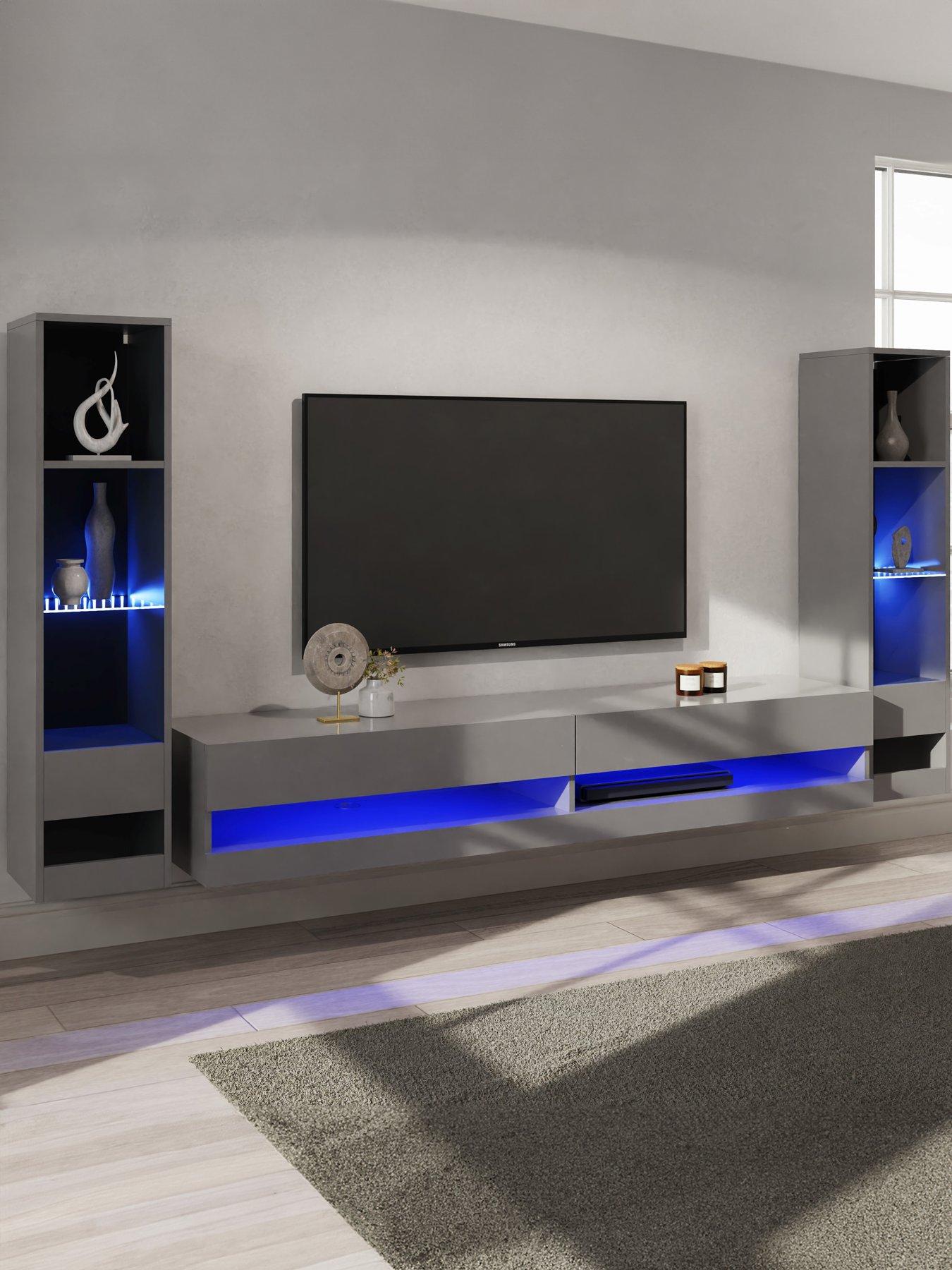 GFW Galicia 180 cm TV Unit + 2 Shelf Units - fits up to 80 inch TV - Grey