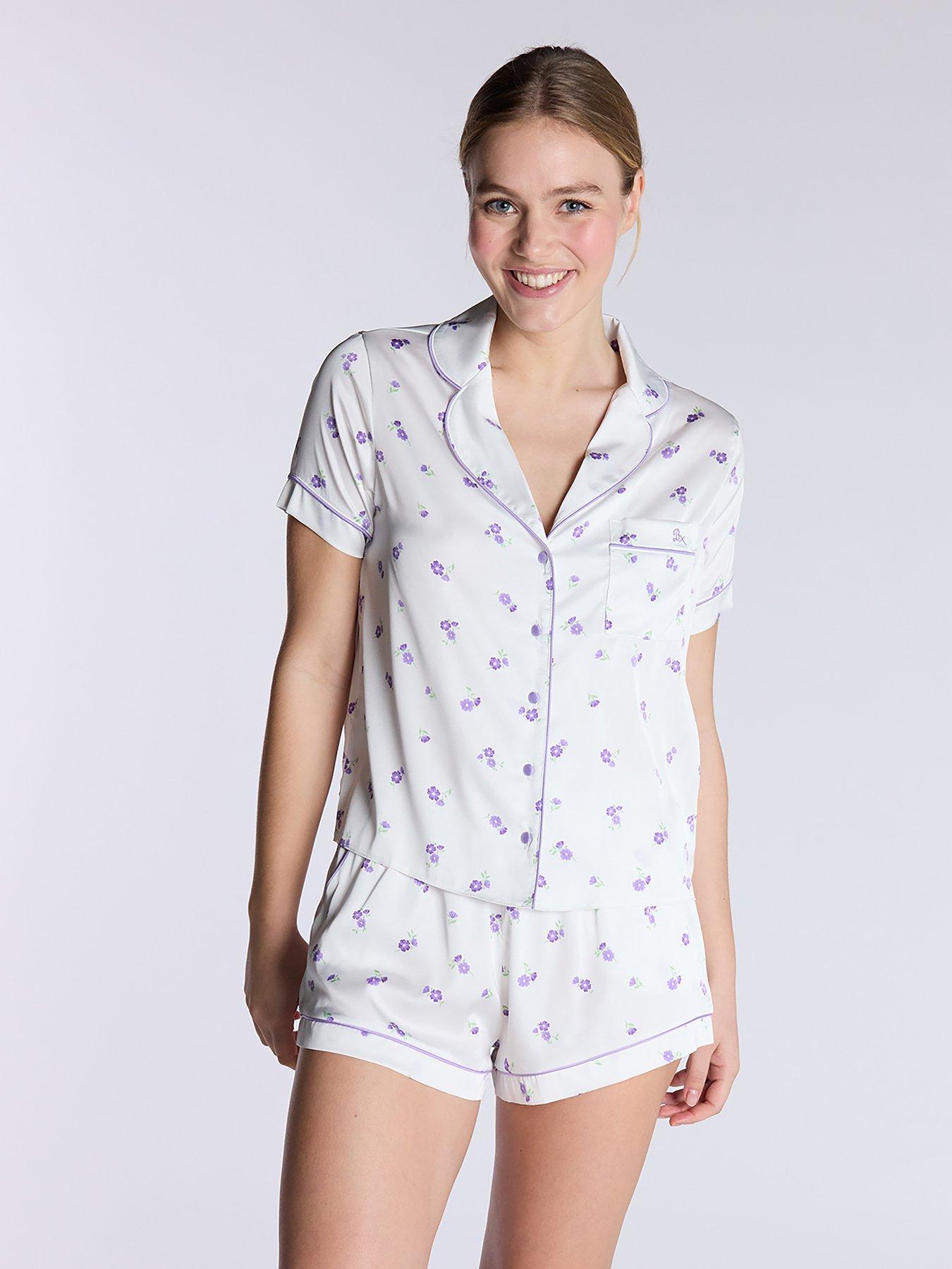 Image 1 of 5 of Boux Avenue Luxe Satin Floral Short Sleeve Pyjama Set - White