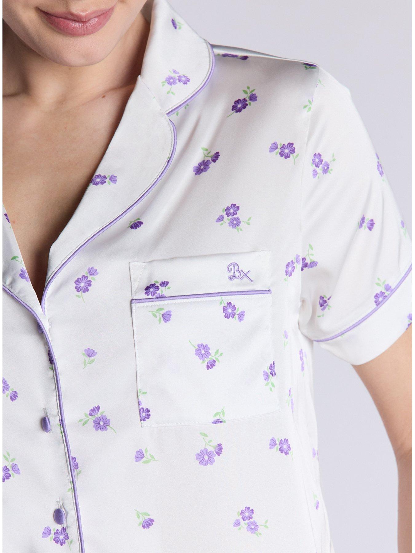 Image 5 of 5 of Boux Avenue Luxe Satin Floral Short Sleeve Pyjama Set - White