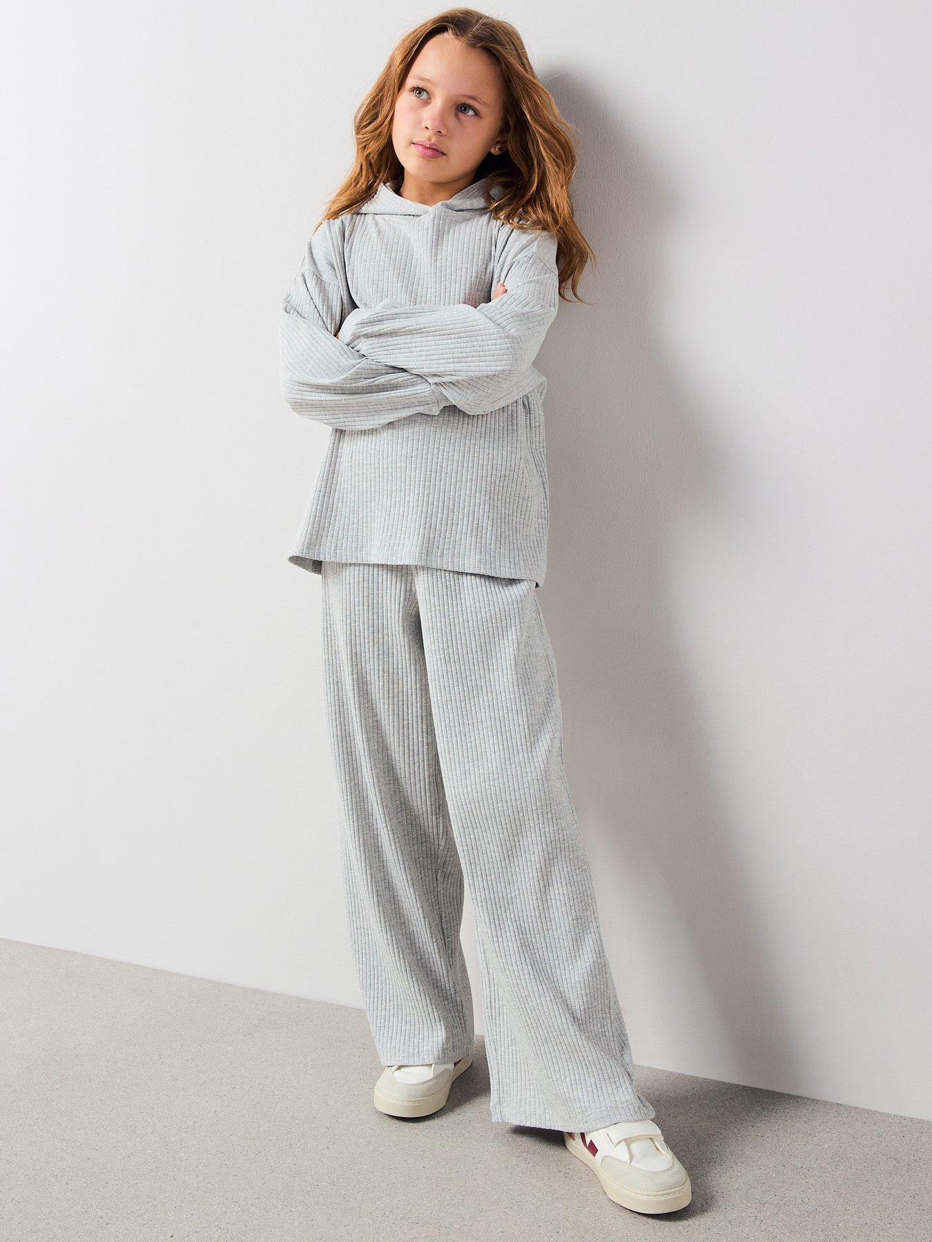 Image 1 of 6 of V by Very Girls Rib Hoody With Wide Leg Trouser Set - Grey