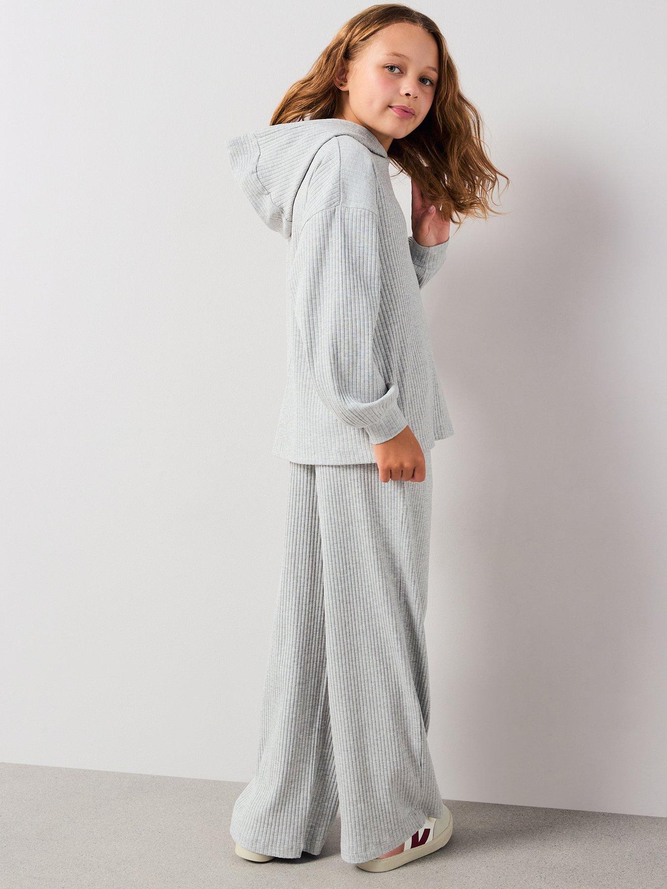 Image 2 of 6 of V by Very Girls Rib Hoody With Wide Leg Trouser Set - Grey