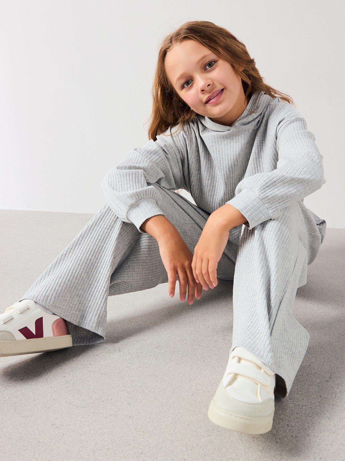 Image 3 of 6 of V by Very Girls Rib Hoody With Wide Leg Trouser Set - Grey