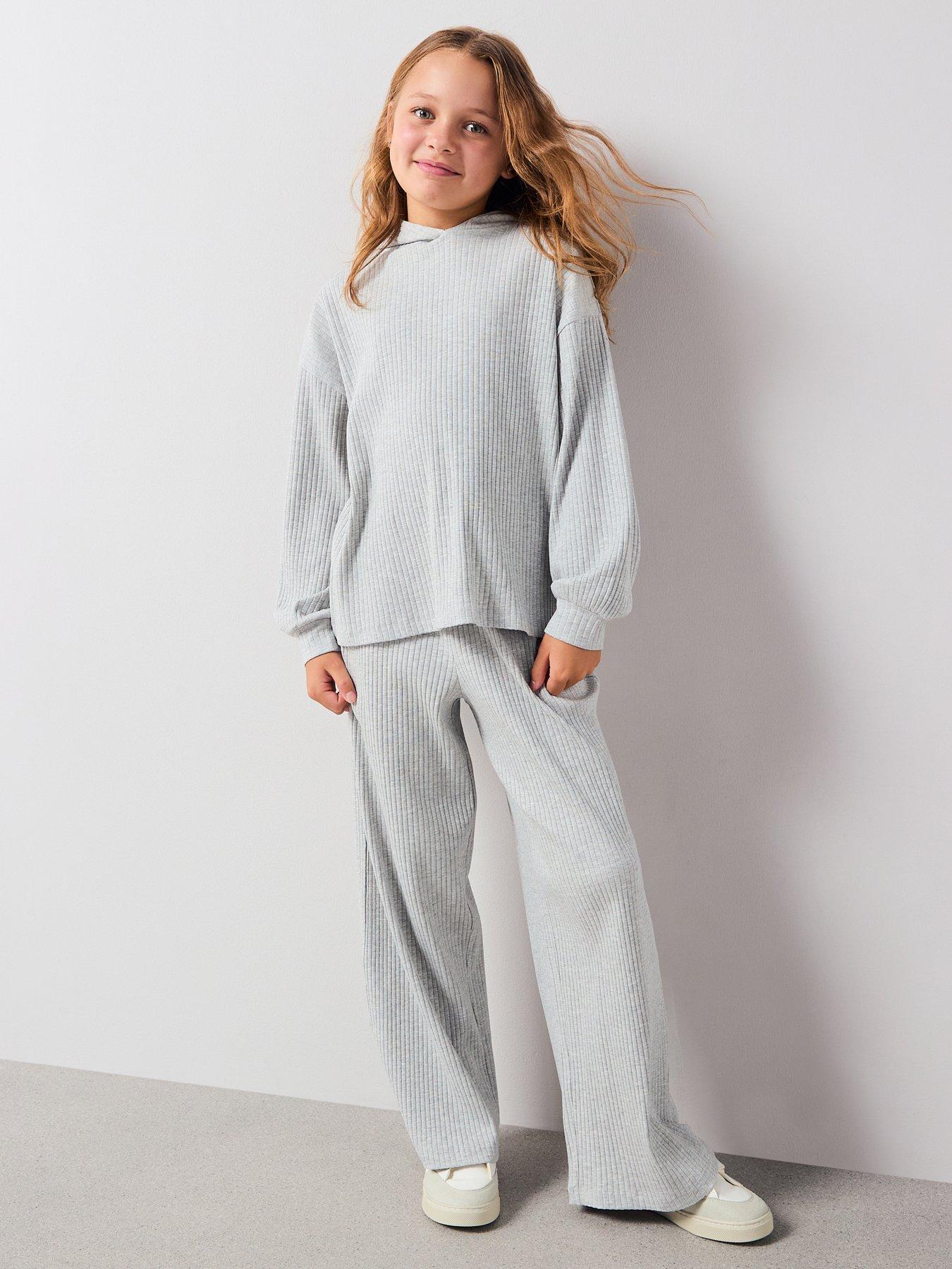 Image 4 of 6 of V by Very Girls Rib Hoody With Wide Leg Trouser Set - Grey