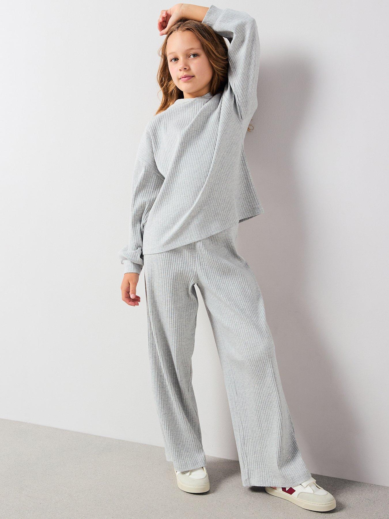 Image 5 of 6 of V by Very Girls Rib Hoody With Wide Leg Trouser Set - Grey