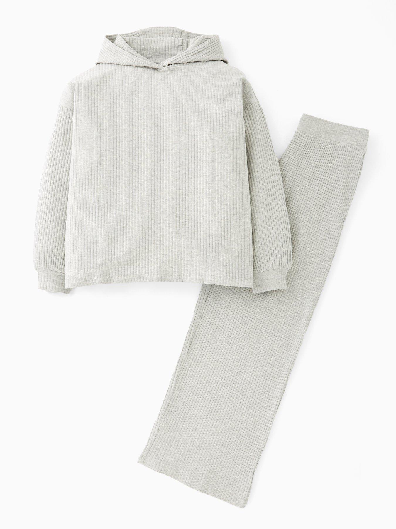 Image 6 of 6 of V by Very Girls Rib Hoody With Wide Leg Trouser Set - Grey