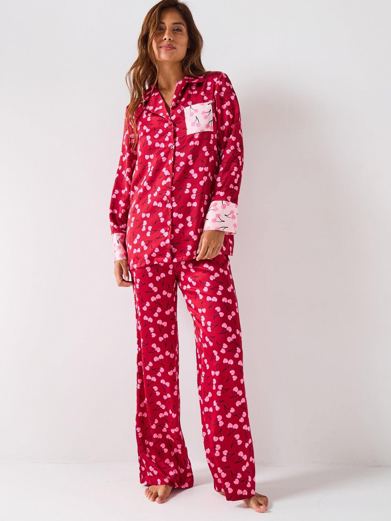 Image 4 of 5 of The Very Collection Satin Cherry Print Contrast Revere Pyjama Set - Red