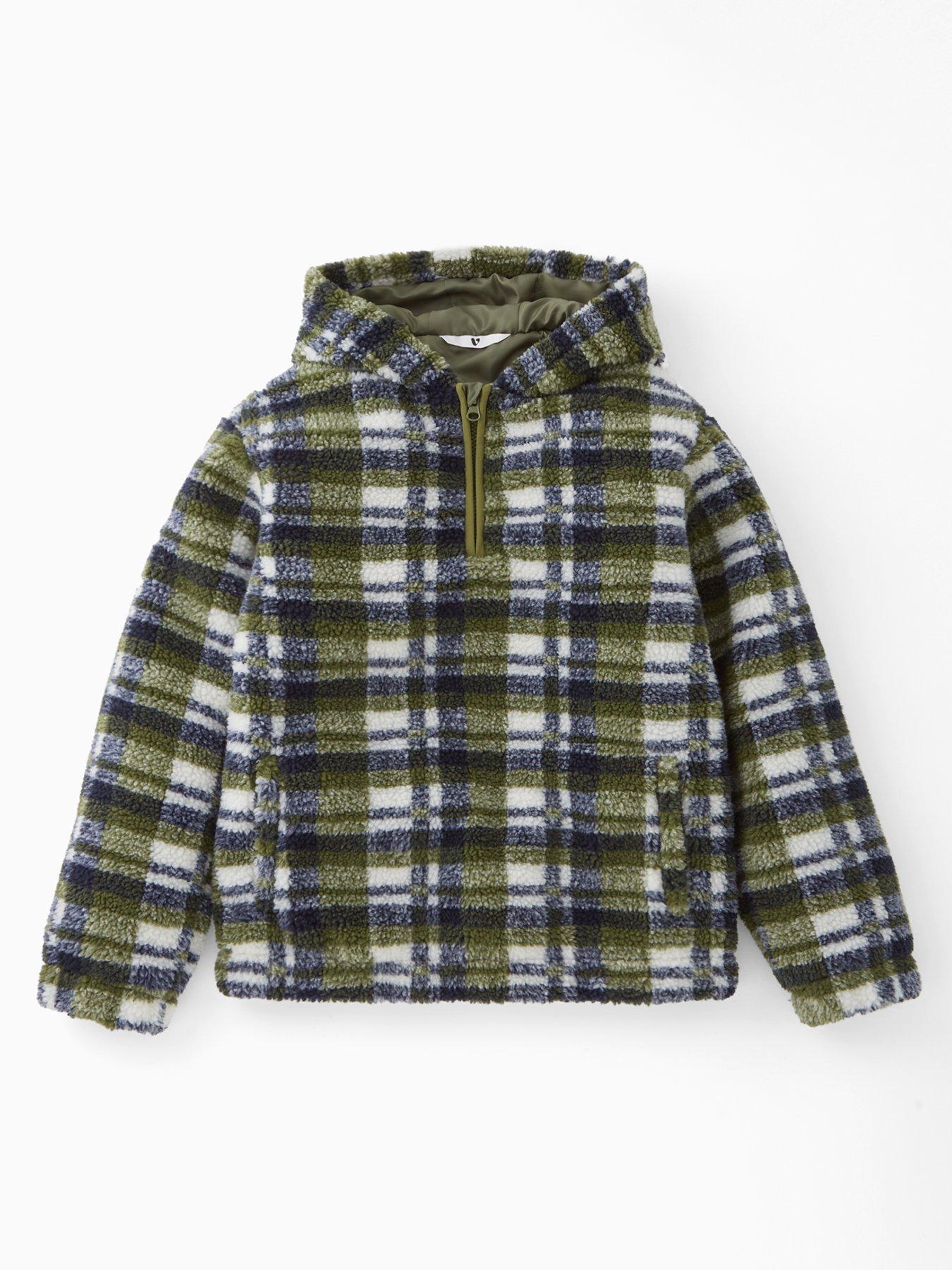 V by Very Boys Check Borg Hooded Jacket - Green