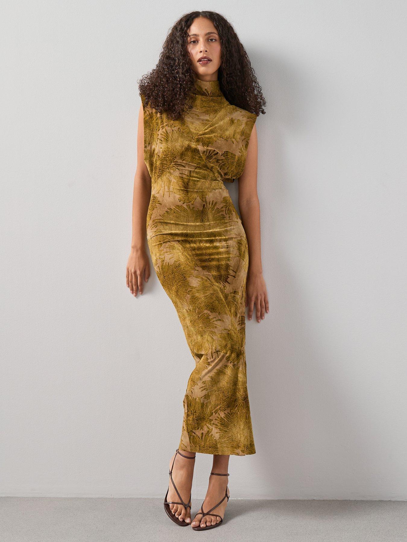 The Very Collection: High Neck Burn Out Dropped Shoulder Midi Dress - Black