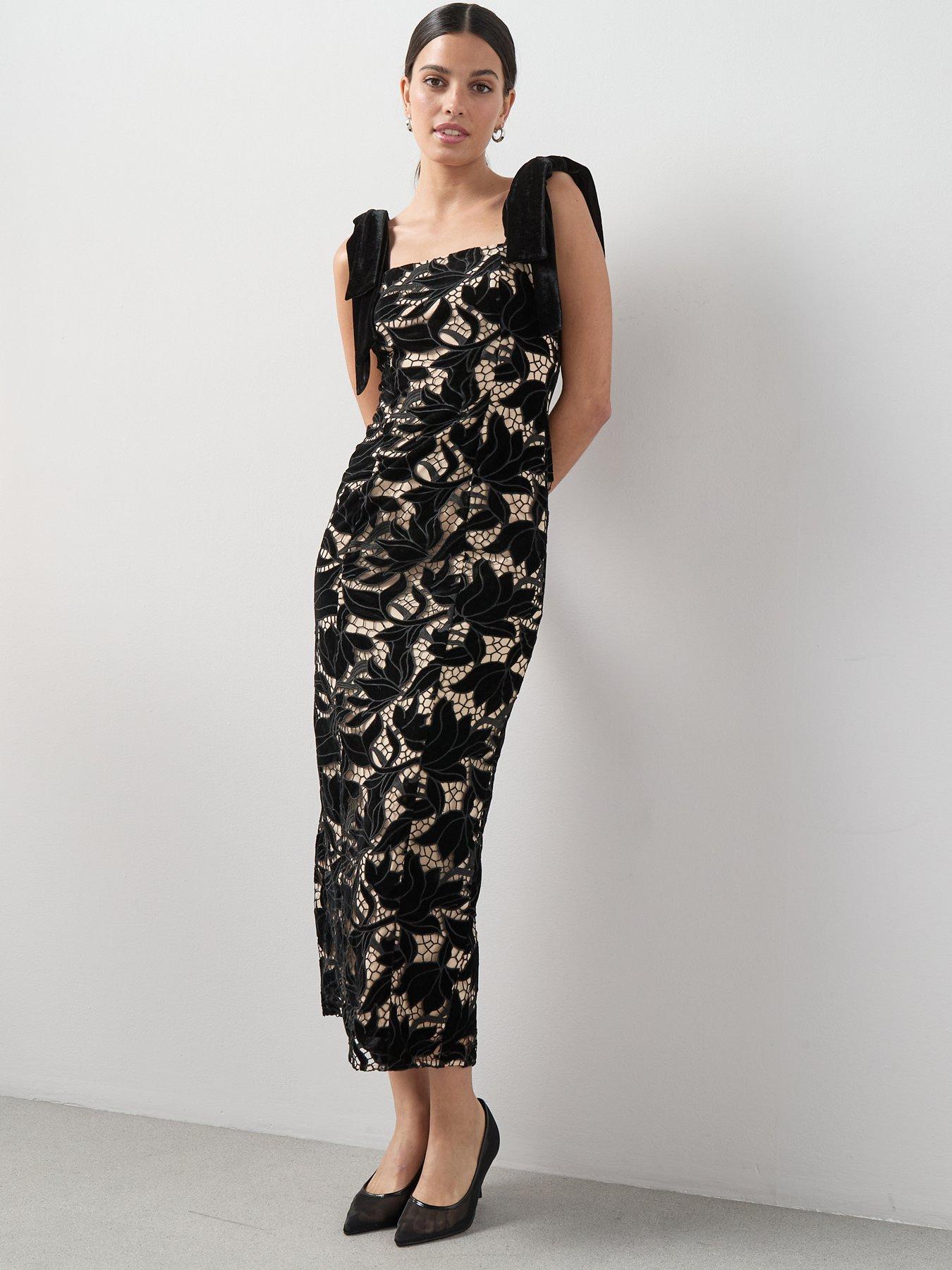 Image 1 of 7 of The Very Collection Velvet Tie Strap Guipure Lace Maxi Dress - Black