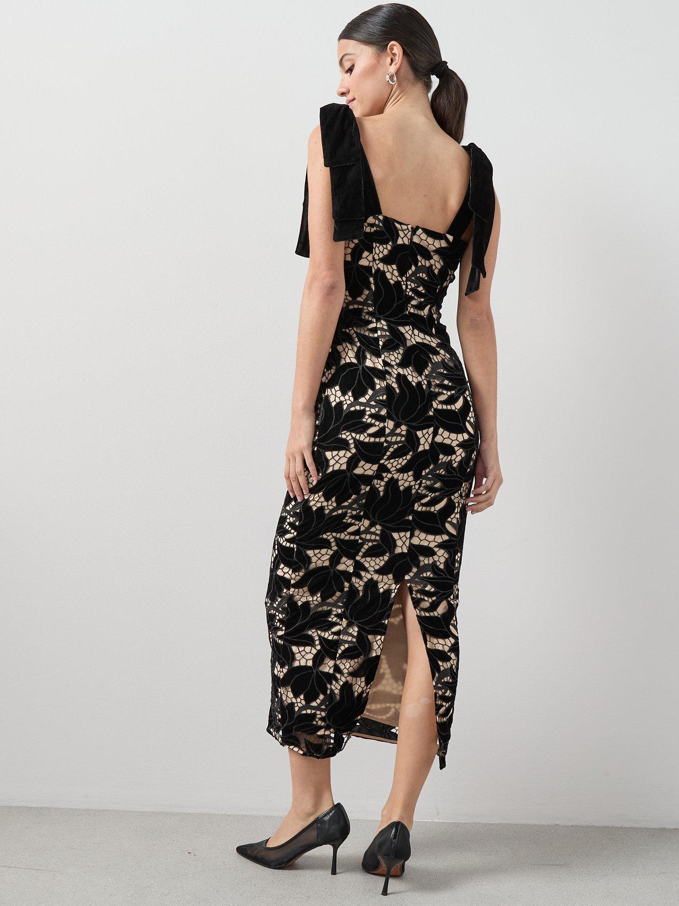 Image 2 of 7 of The Very Collection Velvet Tie Strap Guipure Lace Maxi Dress - Black