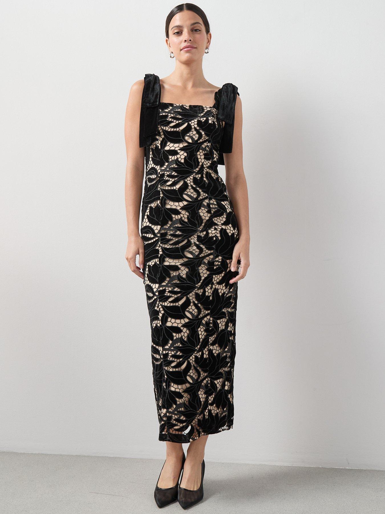 Image 3 of 7 of The Very Collection Velvet Tie Strap Guipure Lace Maxi Dress - Black