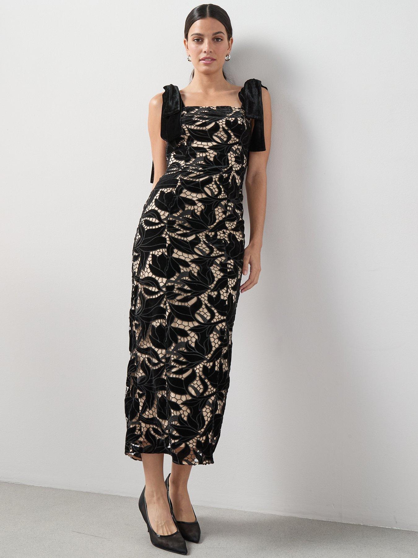 Image 6 of 7 of The Very Collection Velvet Tie Strap Guipure Lace Maxi Dress - Black