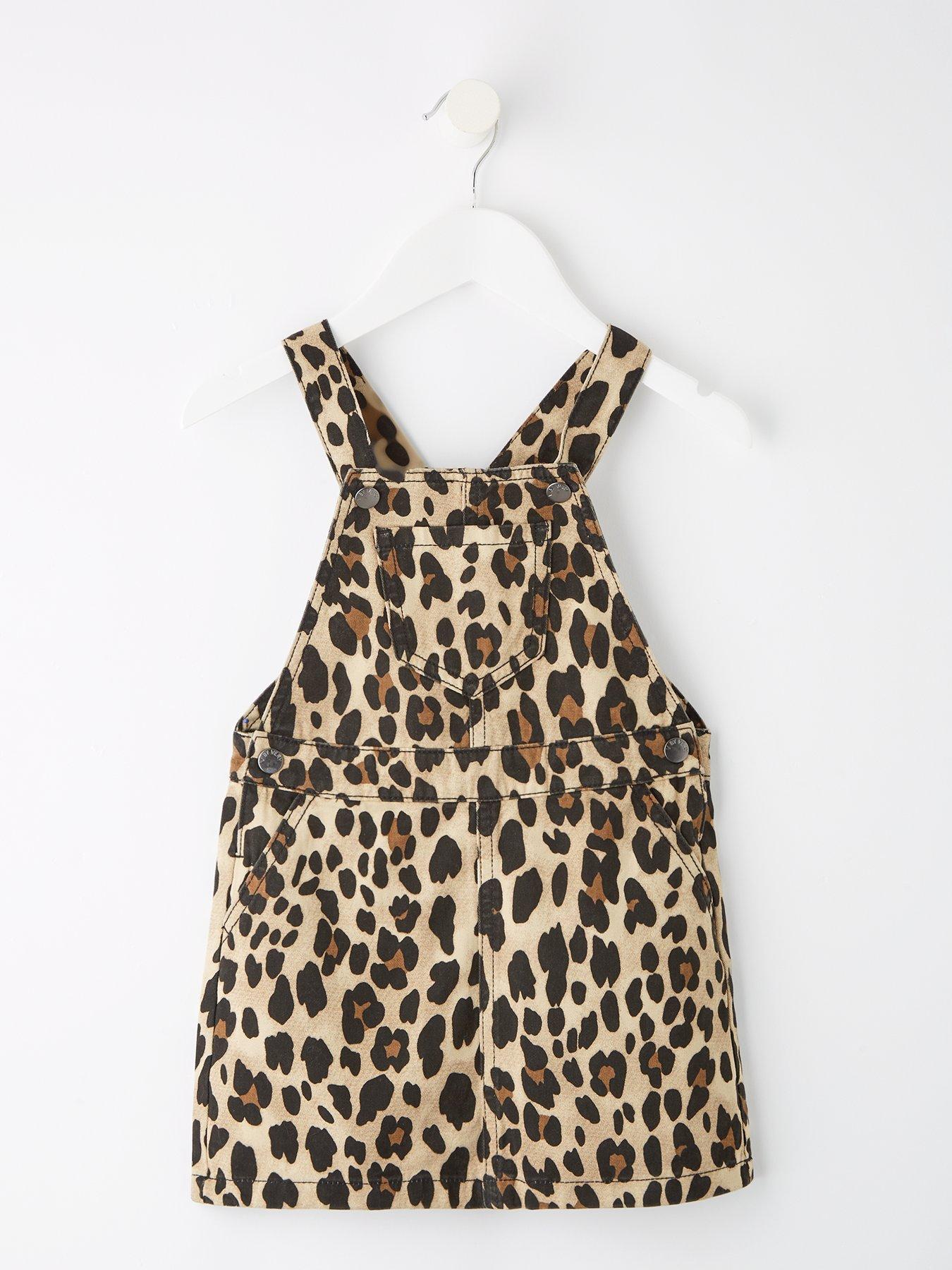 undefined Girls Denim Leopard Printed Dungaree Dress
