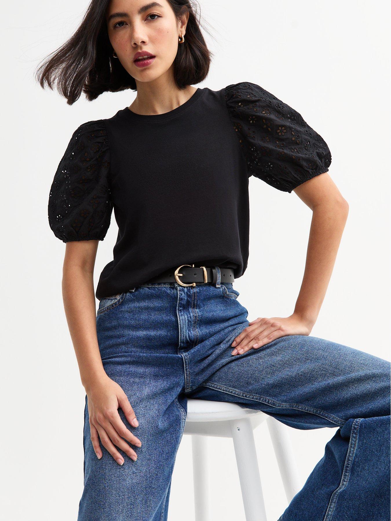 undefined Broderie Anglaise Sleeve Jersey Top - Black