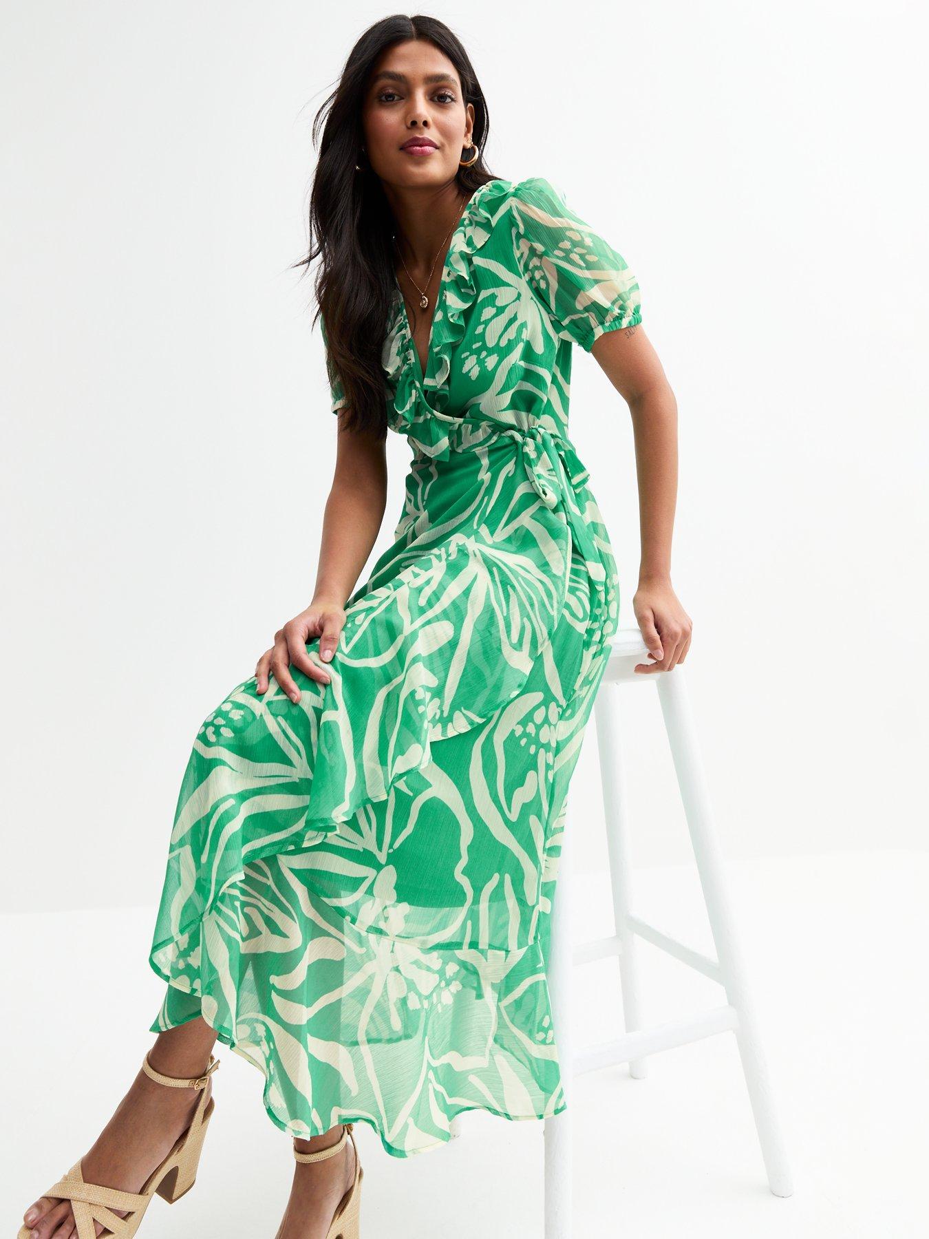 Image 3 of 4 of New Look Chiffon Leaf Print Midi Dress - Green