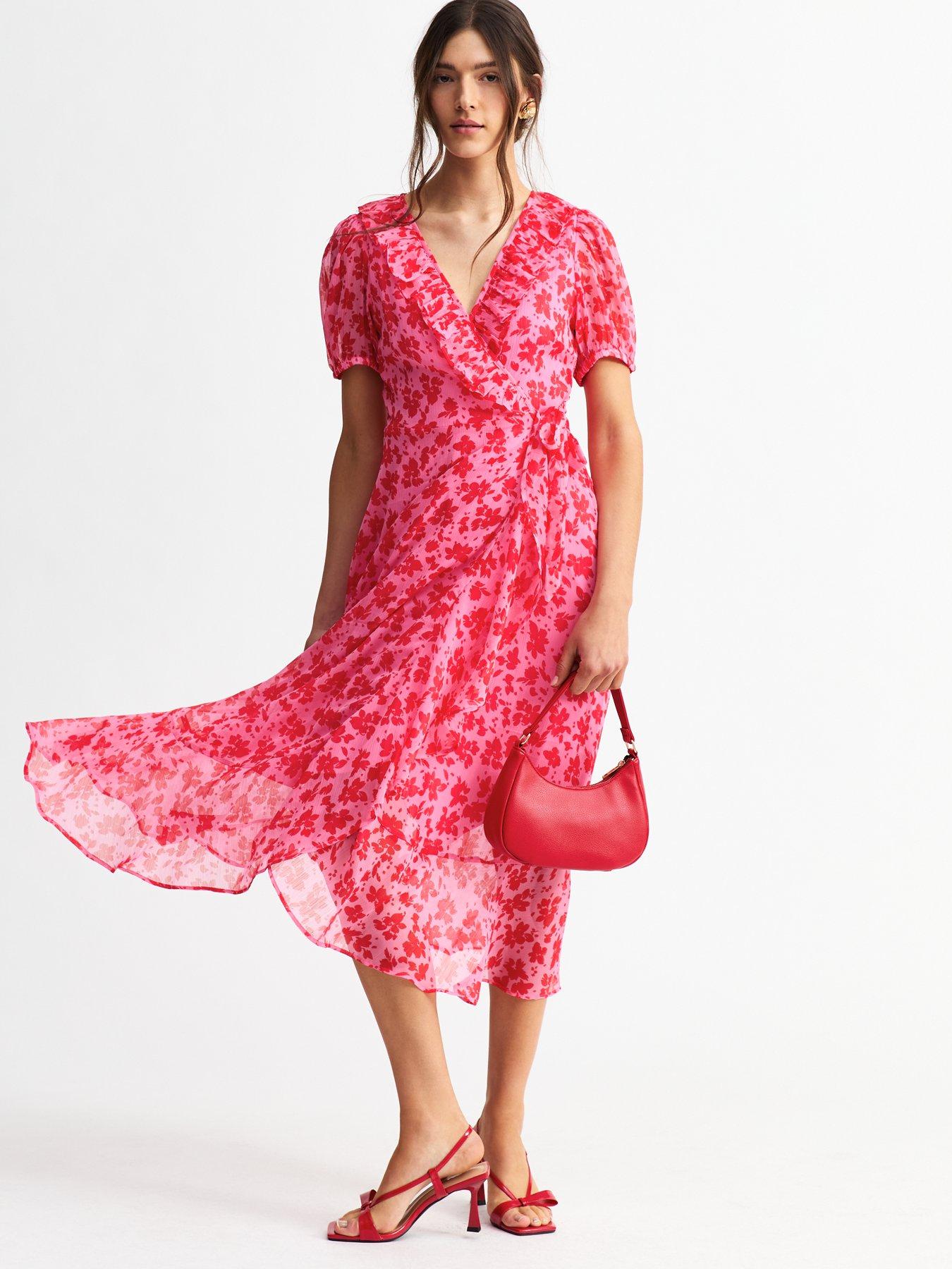 undefined Pink Floral Print Chiffon Midi Wrap Dress