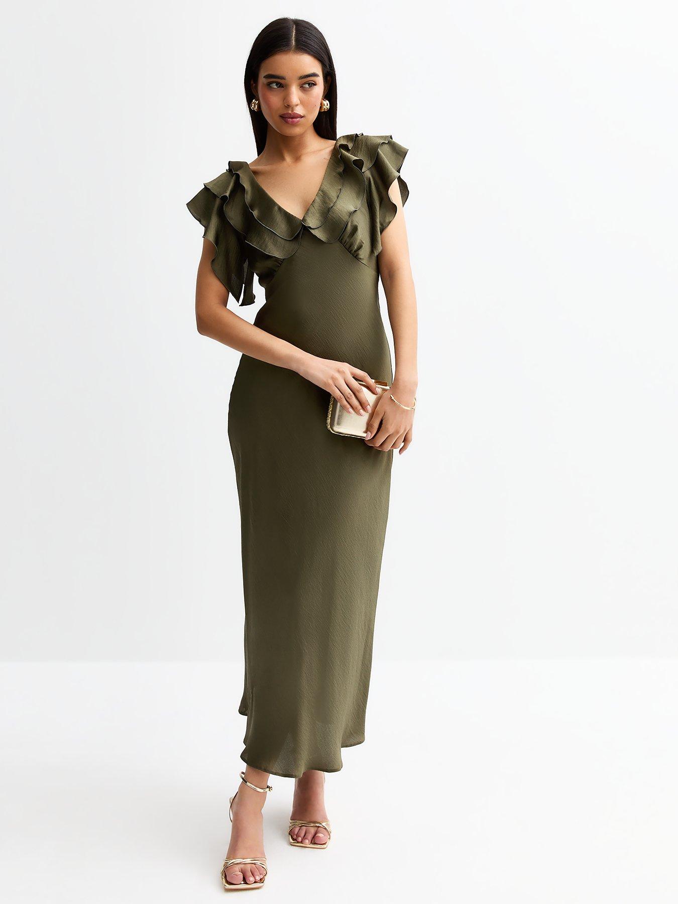 undefined Khaki Crinkled Satin Ruffled Midi Dress