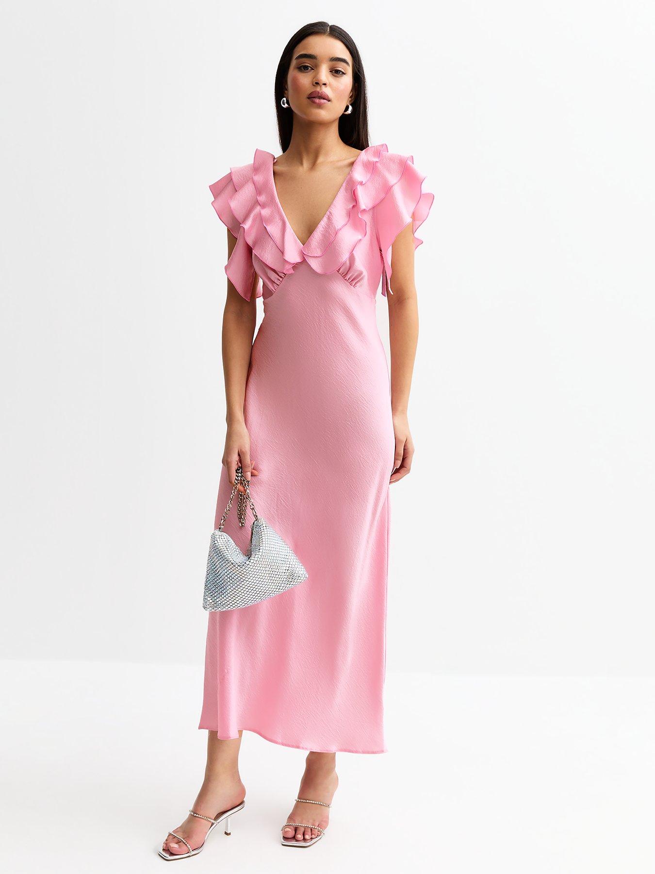 Image 1 of 4 of New Look Pink Crinkled Satin Ruffled Midi Dress