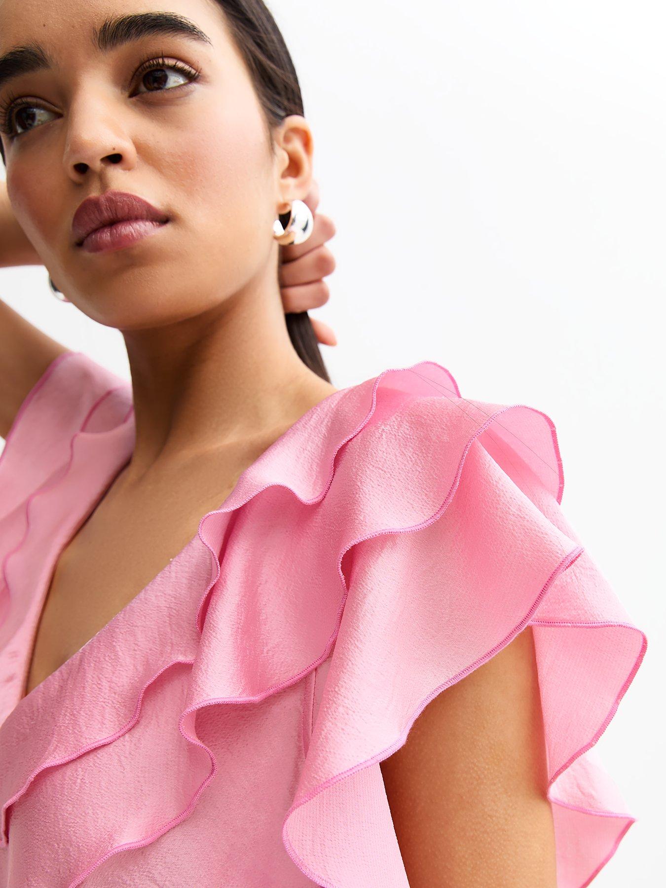 Image 4 of 4 of New Look Pink Crinkled Satin Ruffled Midi Dress
