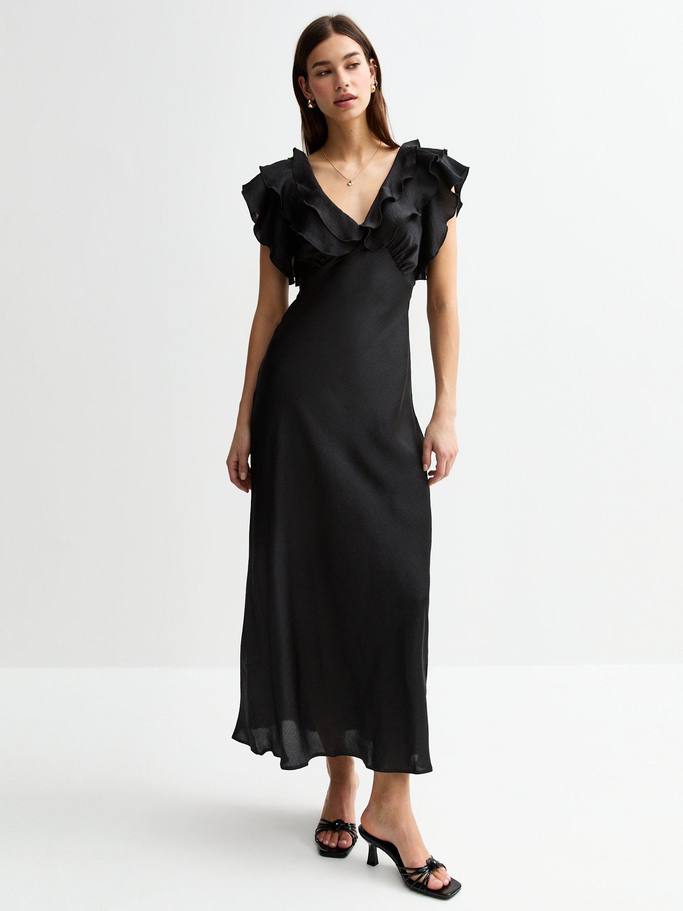 undefined Black Crinkled Satin Ruffled Midi Dress