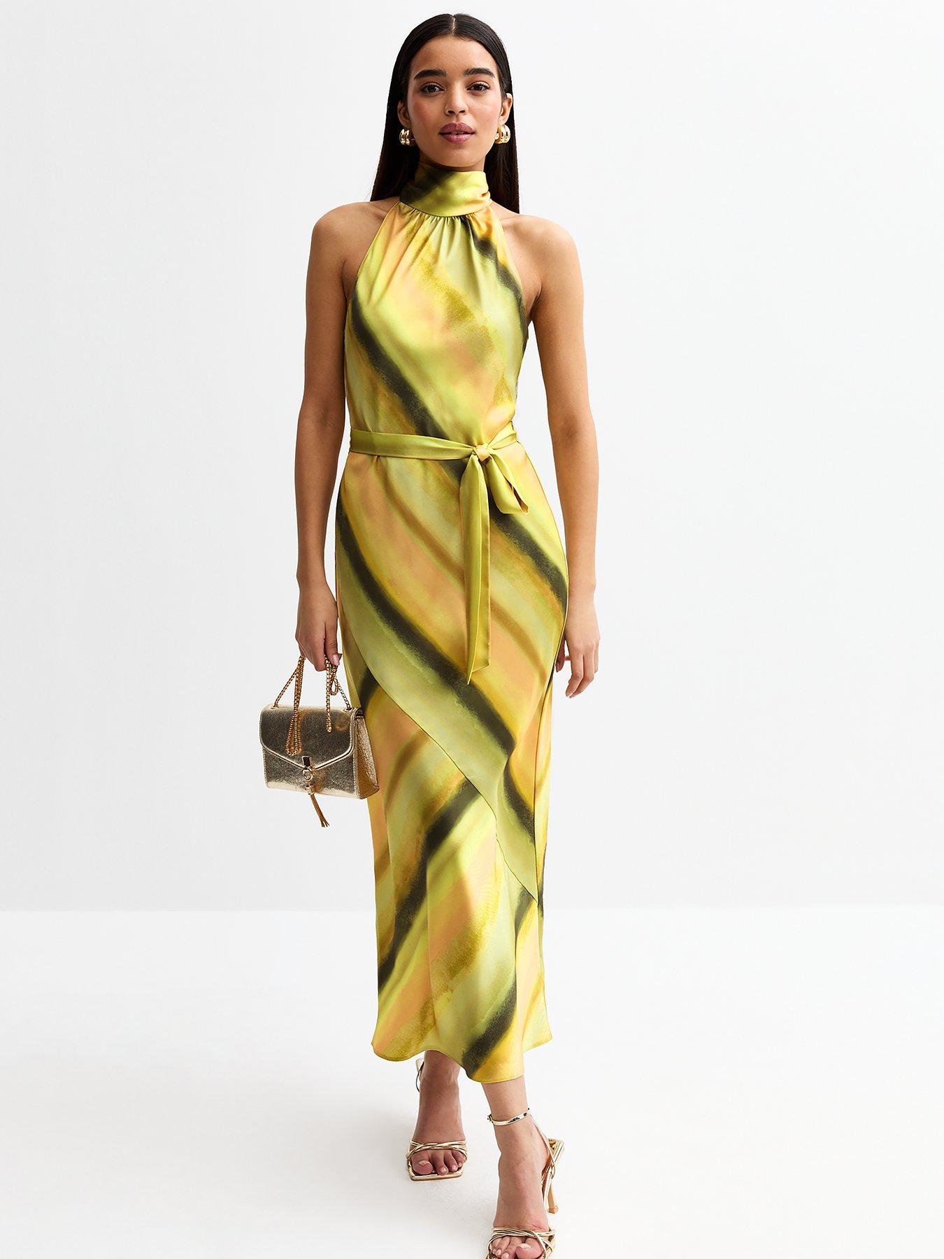 undefined Satin Stripe Print Halterneck Midi Dress - Green