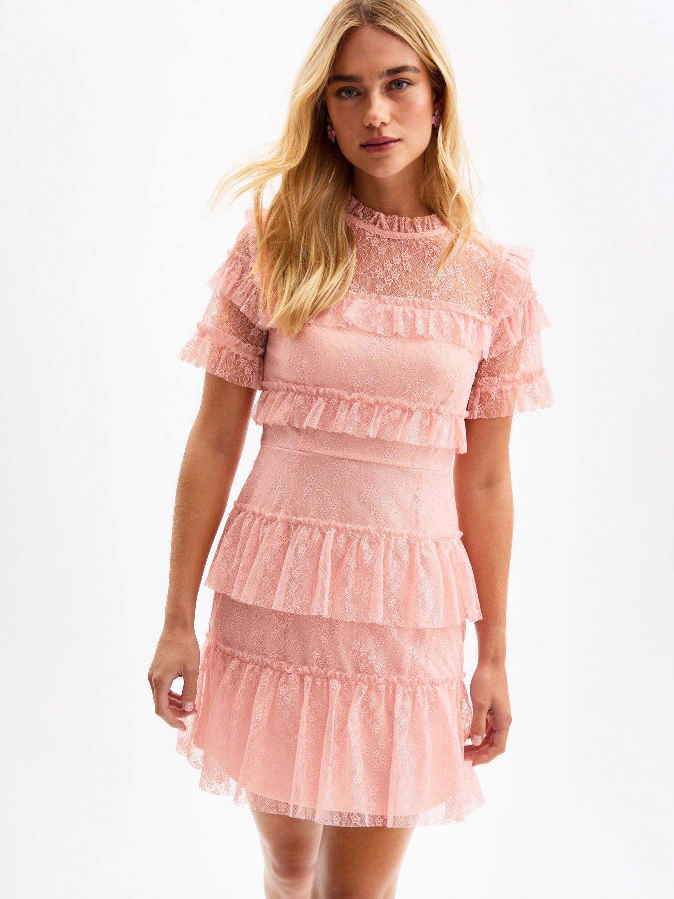 New Look Lace Frilly Trimmed Mini Dress - Pink