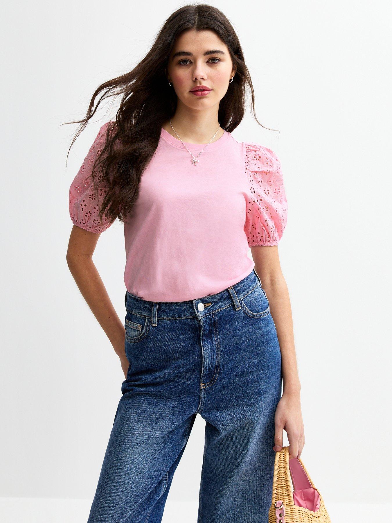 undefined Broderie Anglaise Sleeve Jersey Top - Pink