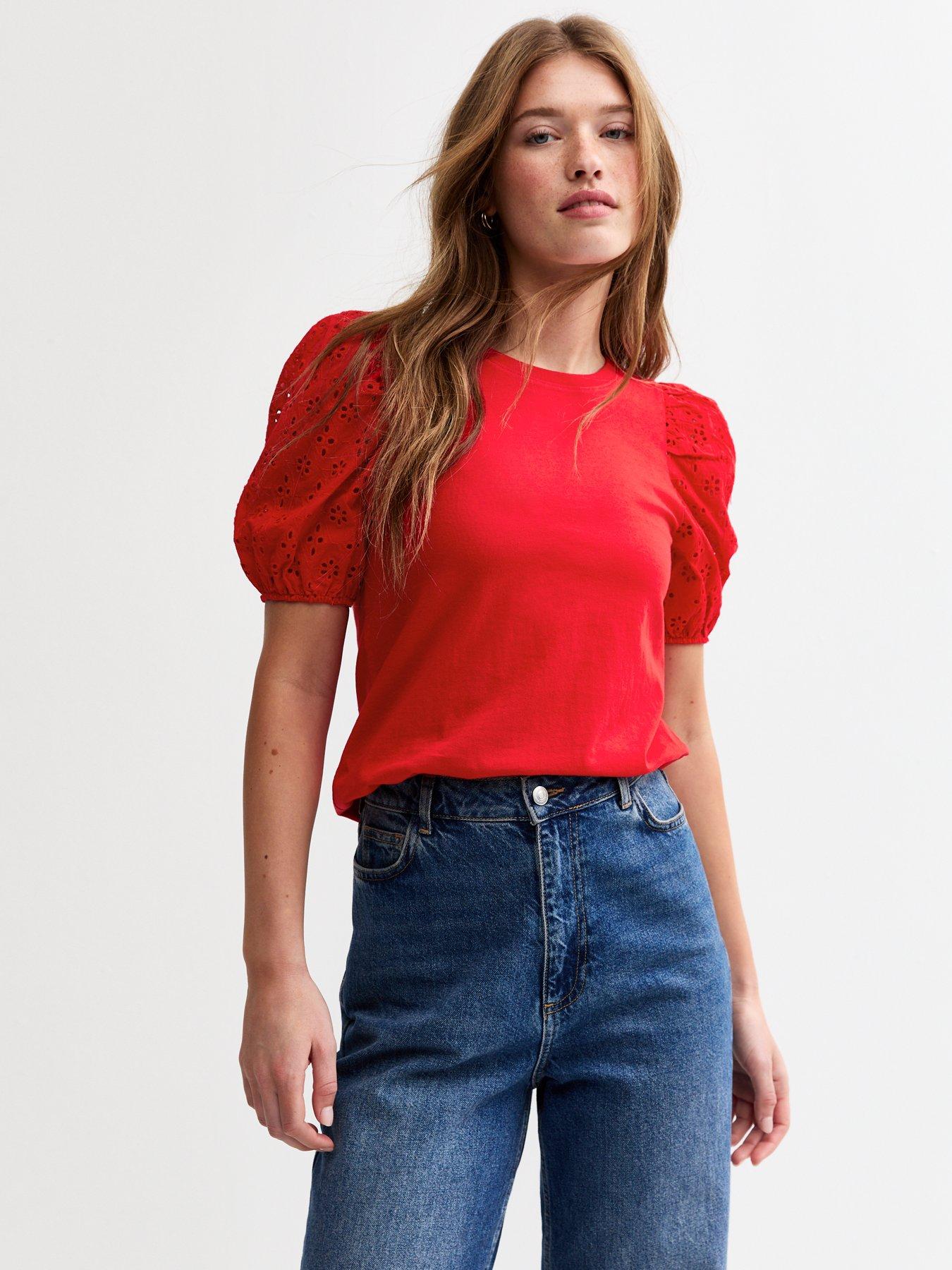 undefined Broderie Anglaise Sleeve Jersey Top - Red