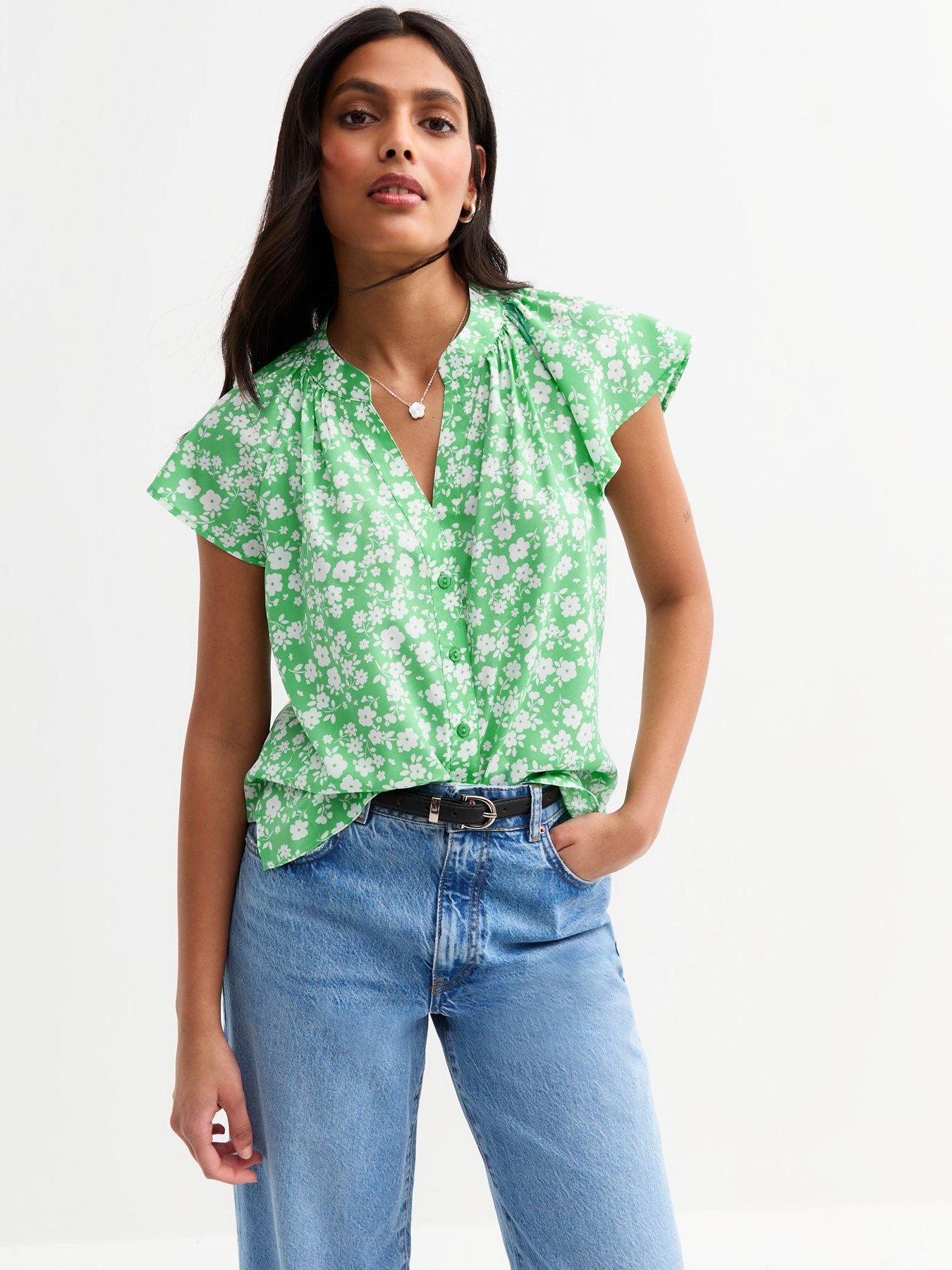 Image 1 of 5 of New Look Green Floral Print Flutter Sleeve Top