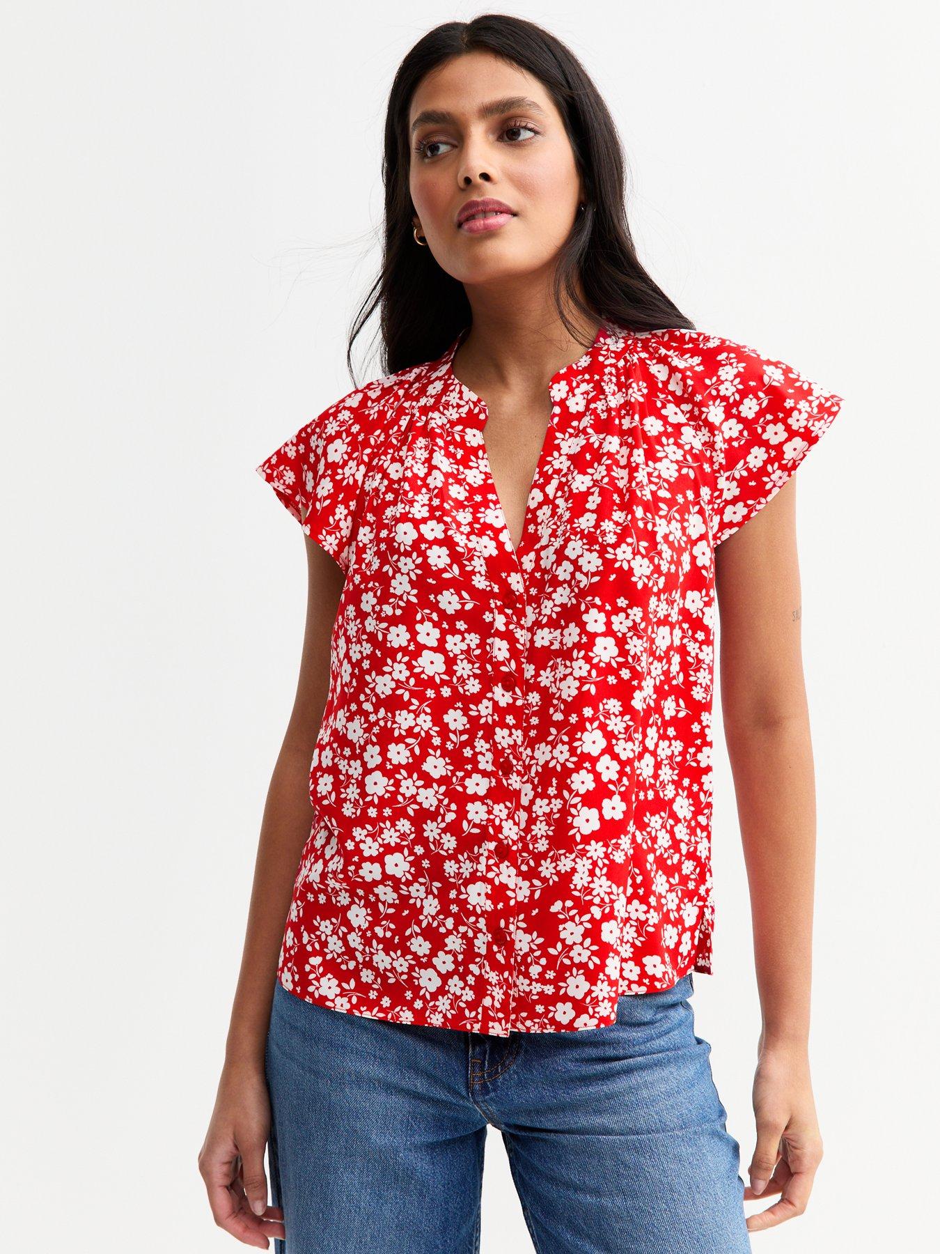 undefined Red Floral Print Flutter Sleeve Top