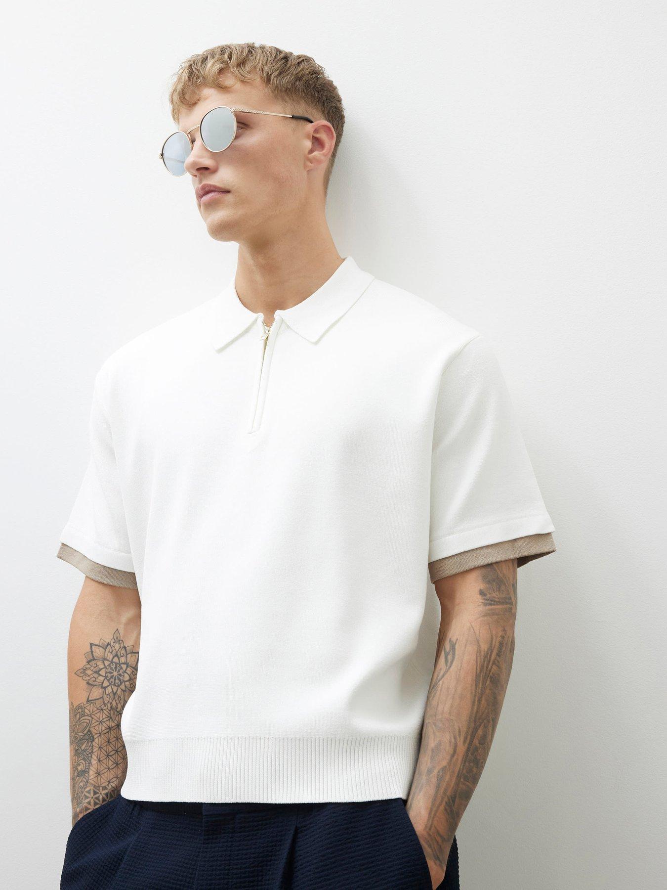 undefined Short Sleeve Zip Through Knitted Polo - Cream