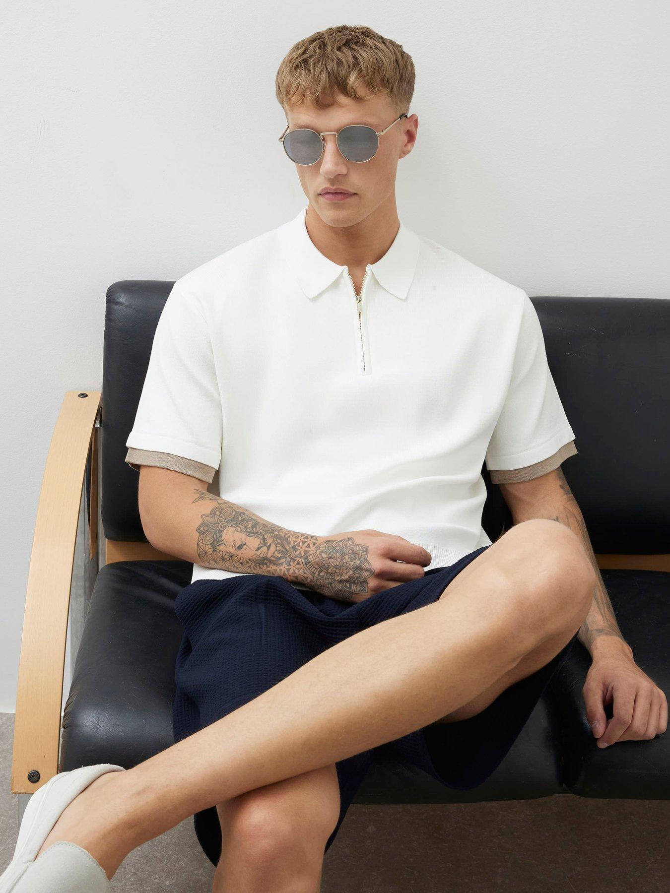 Image 4 of 4 of River Island Short Sleeve Zip Through Knitted Polo - Cream