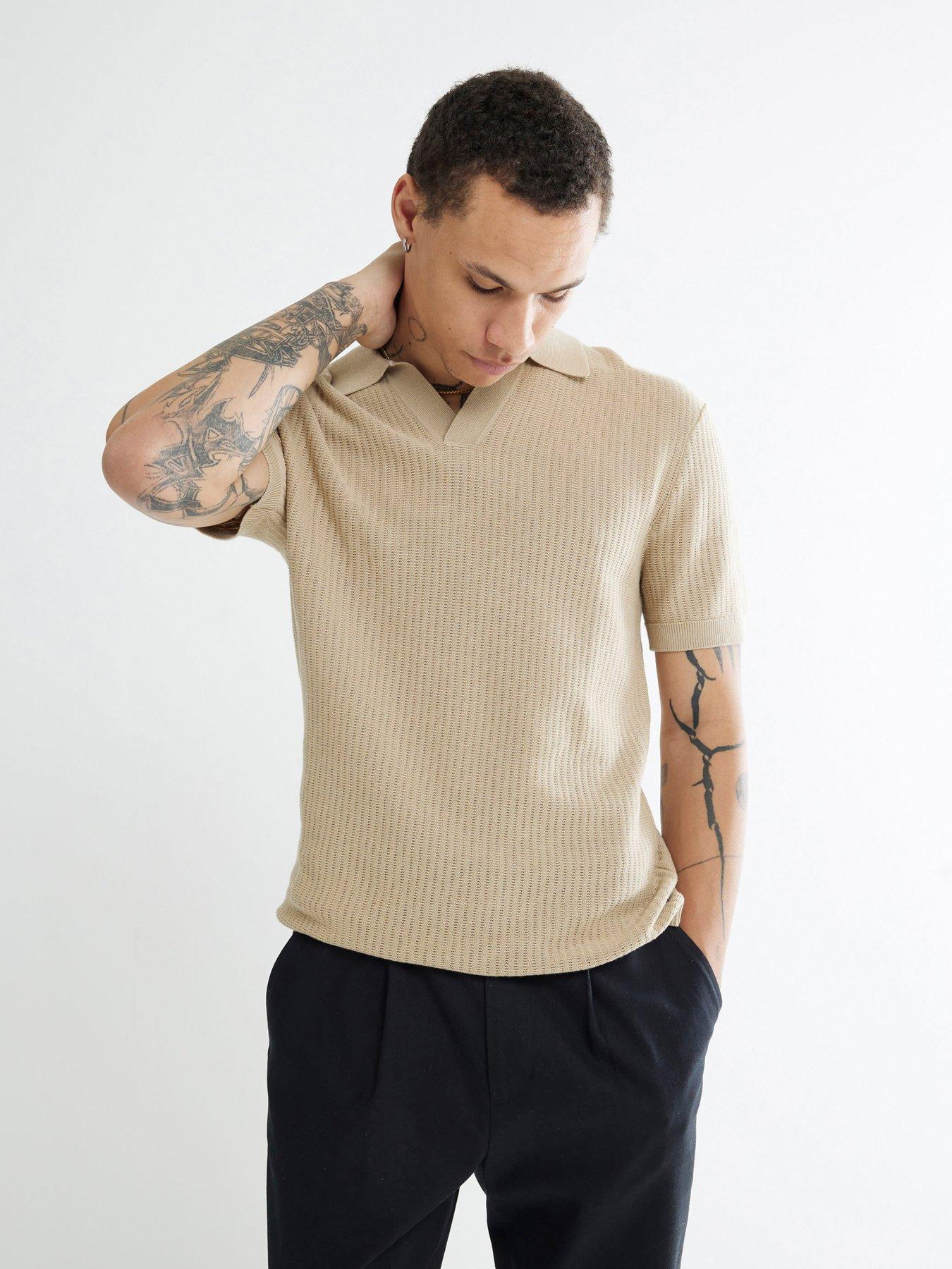 undefined Short Sleeve Open Collar Knitted Polo Top - Beige