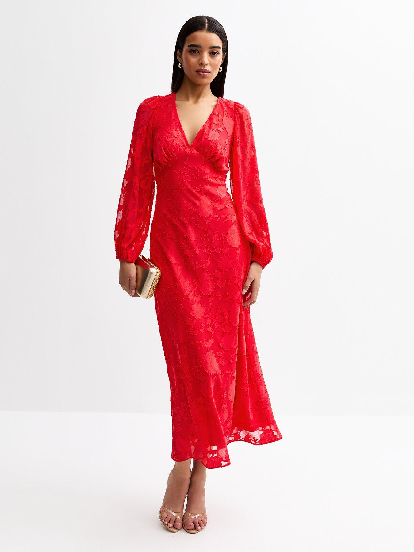 Image of New Look Red Floral Patterned Long Sleeve Midi Dress