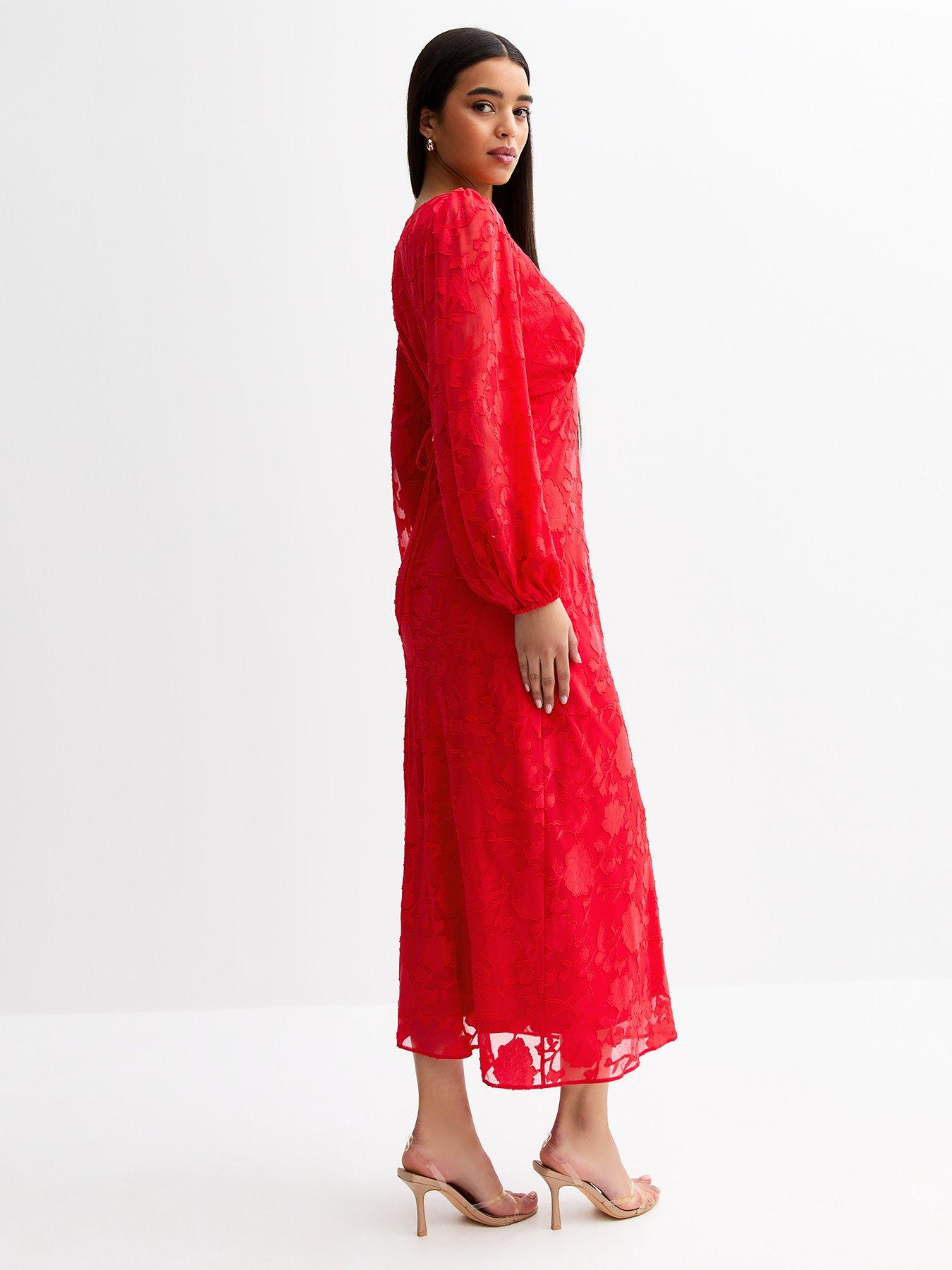 Image 2 of 4 of New Look Floral Patterned Long Sleeve Midi Dress - Red
