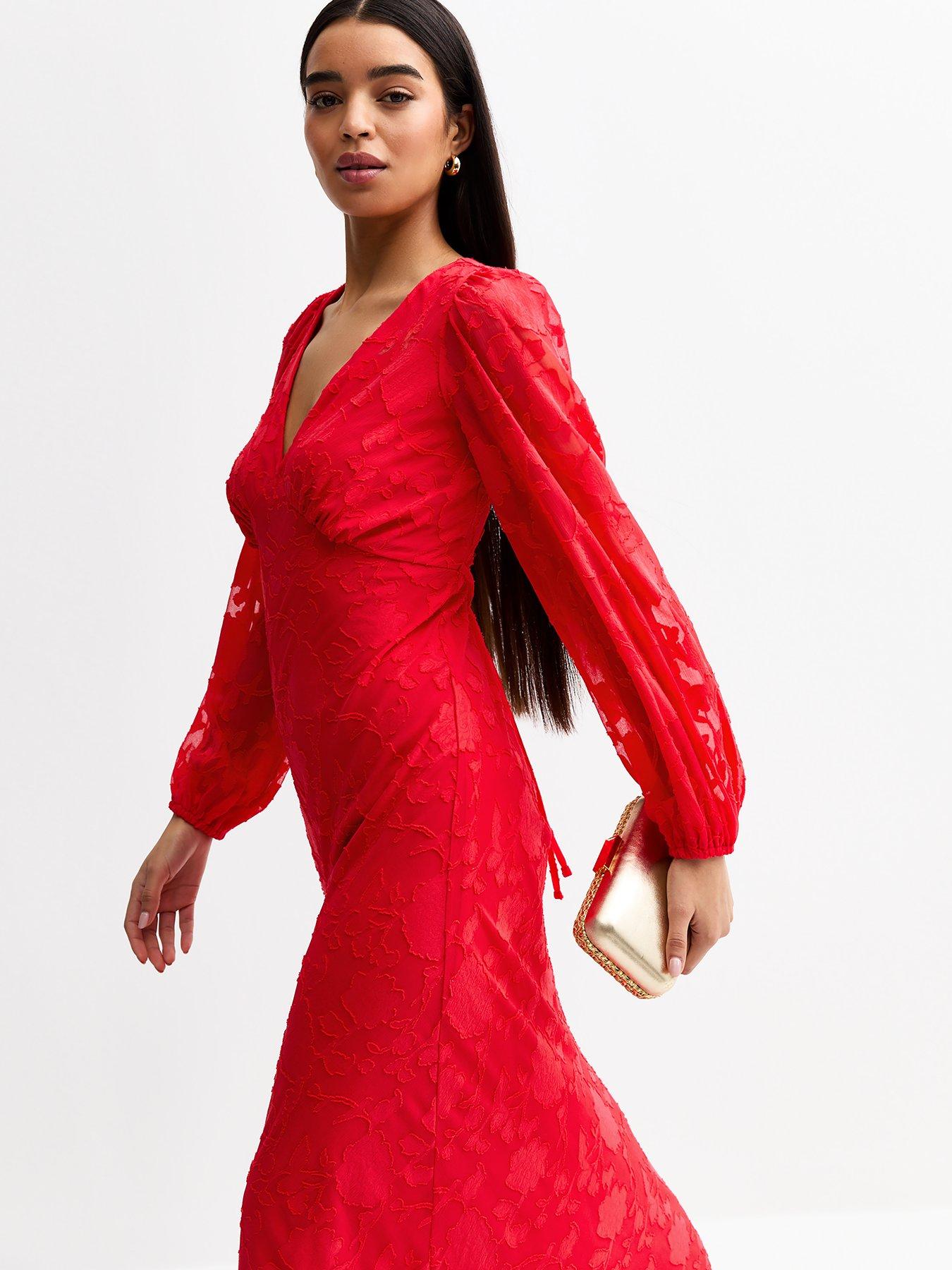 Image 3 of 4 of New Look Floral Patterned Long Sleeve Midi Dress - Red